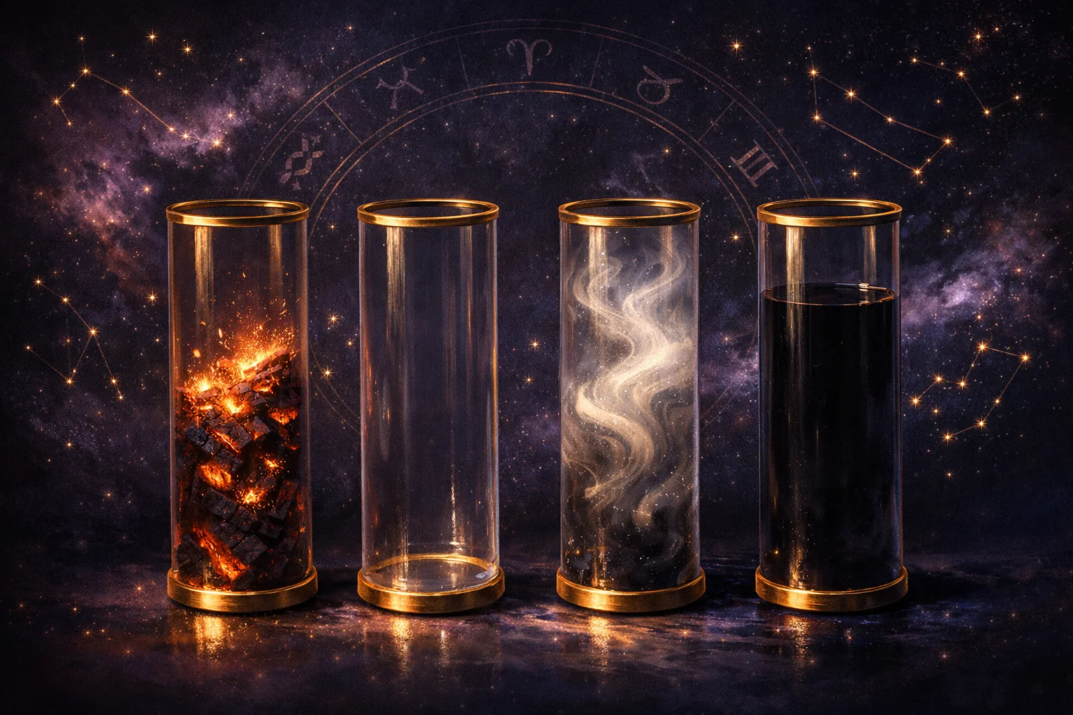 Four glass columns showing a birth chart element balance of fire, earth, air and water with one column empty