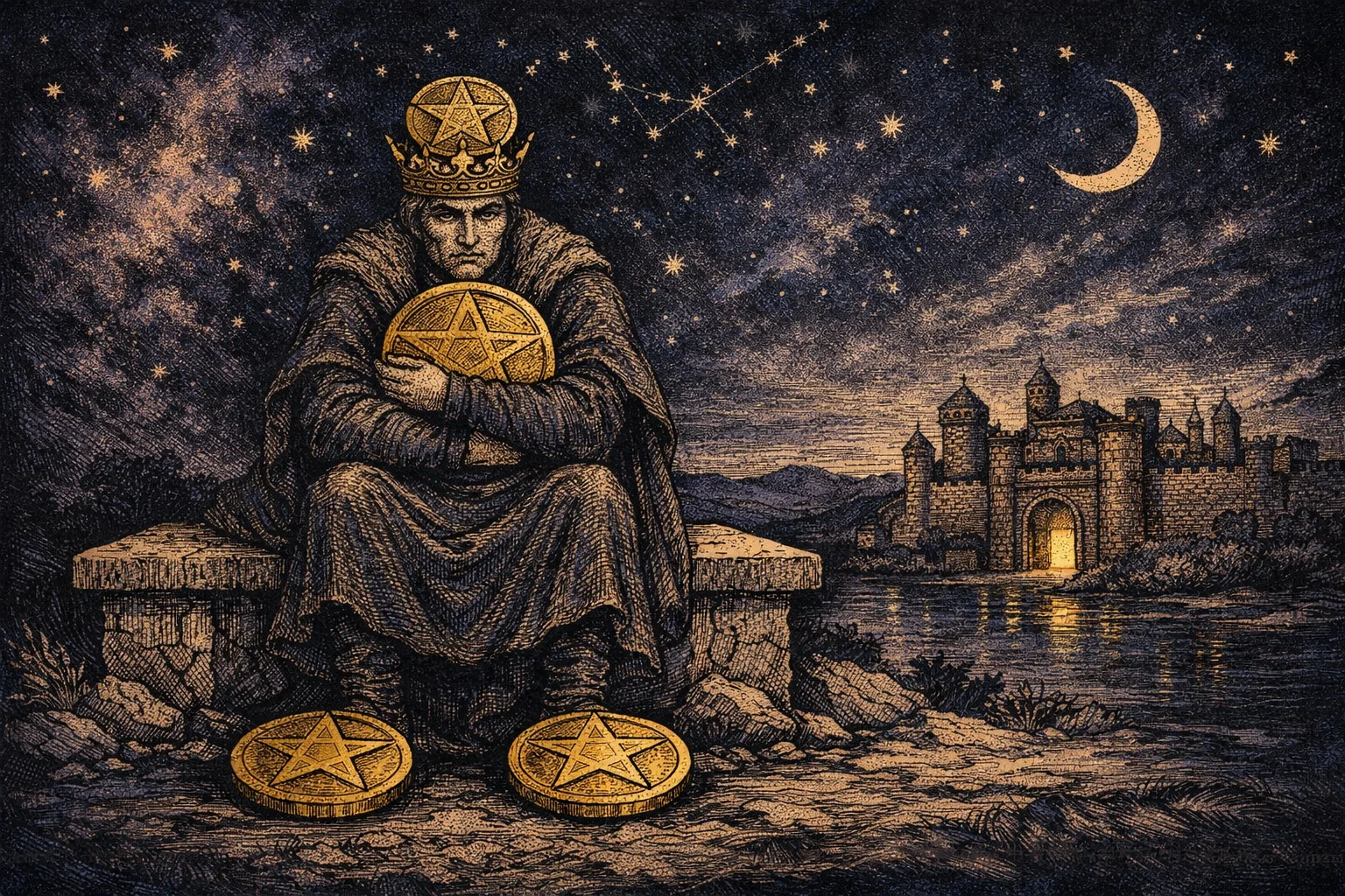 Four of Pentacles tarot card meaning illustrated by a crowned figure clutching a coin on a stone bench outside a walled town