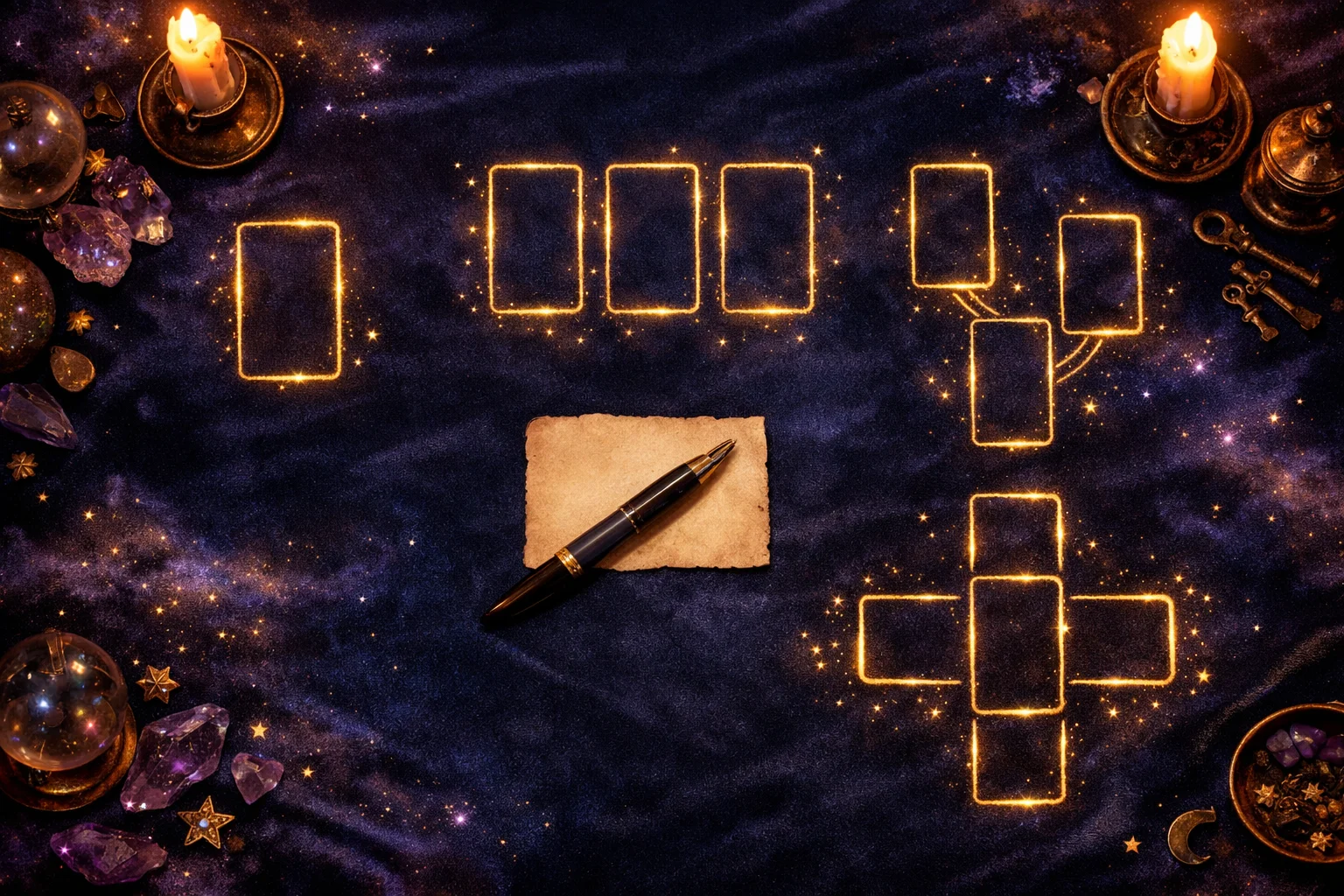 Free tarot reading online — four spread layouts outlined in gold on a candlelit table with a handwritten question card