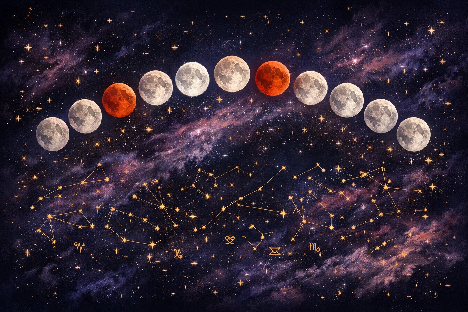 Full moon calendar 2026 showing all thirteen full moons with their zodiac signs and traditional names against a night sky