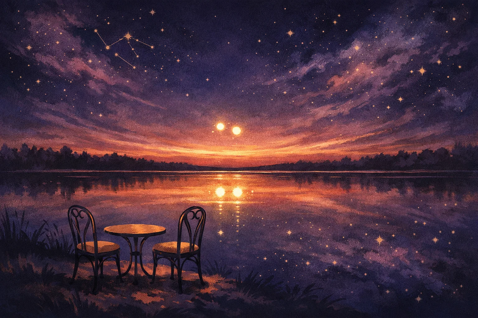 Gemini and Libra compatibility shown as two bright planets hanging close together in a twilight sky above a still lake