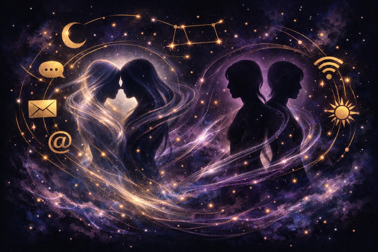 Gemini daily horoscope illustration with twin silhouettes against a mercury-silver sky and constellation lines