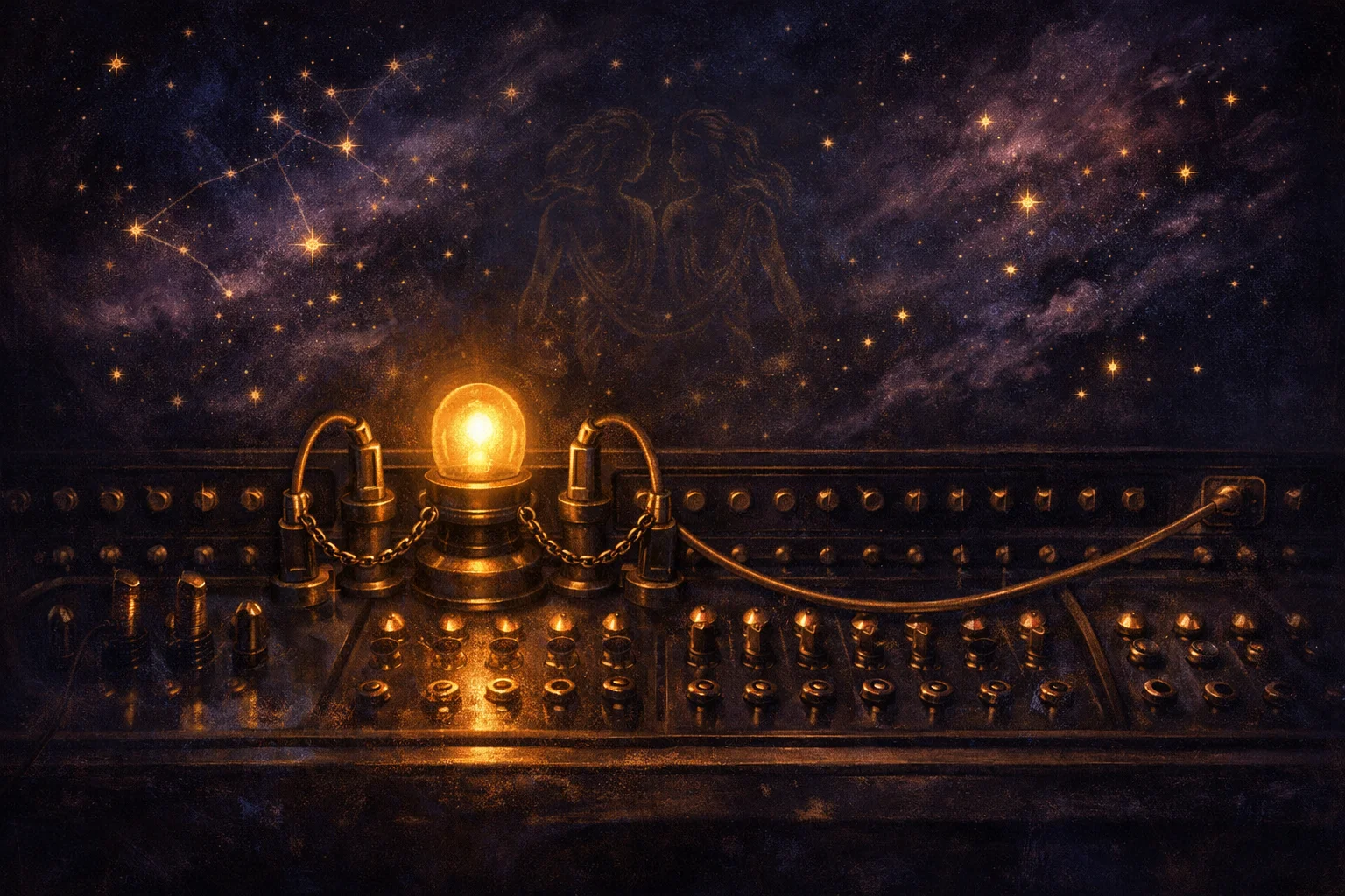 Gemini love horoscope: a brass switchboard with two cables chained short to a lamp and a third running free