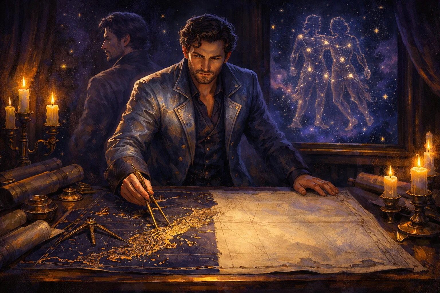 Gemini man personality: a man in a silver-blue jacket over a half-surveyed nautical chart under the Gemini constellation