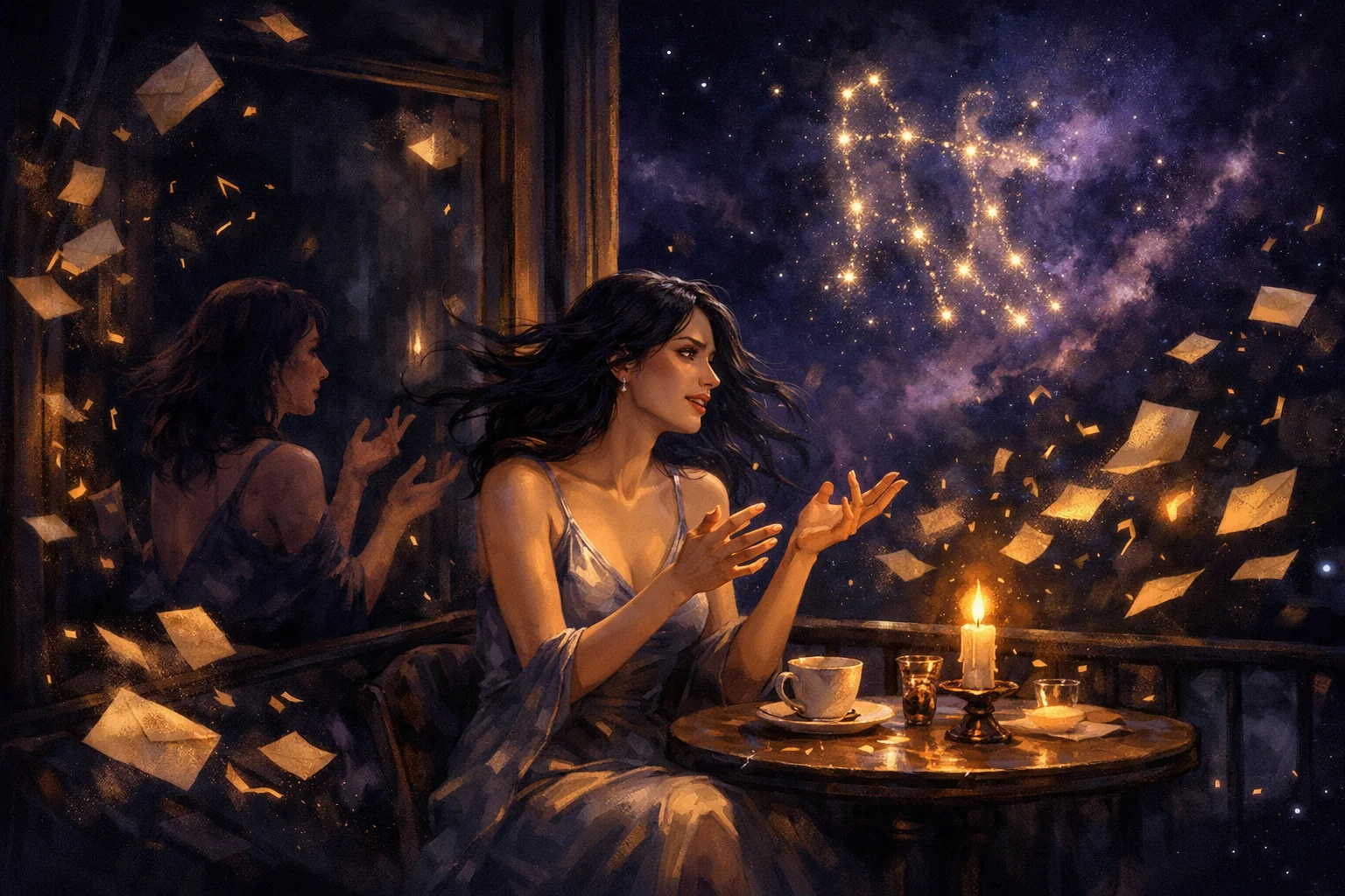 Gemini woman personality illustration: a woman in silver silk at a night cafe window under the Gemini constellation