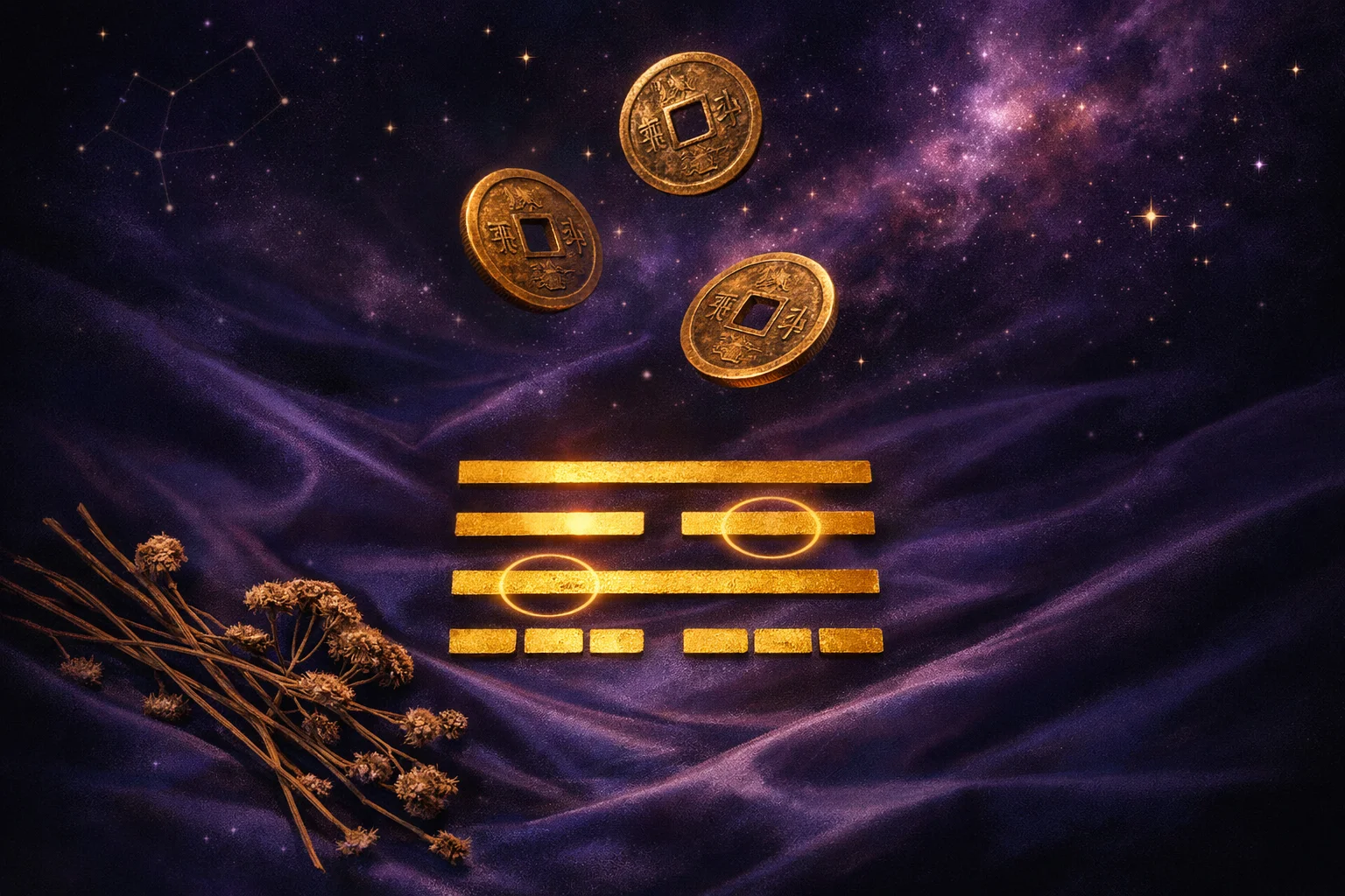 I Ching reading with three bronze coins falling above a six-line hexagram, two lines marked as changing