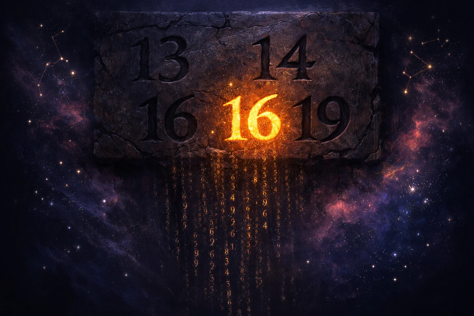 Karmic debt numbers 13, 14, 16 and 19 carved into dark stone with one glowing gold, above a trailing chain of smaller digits