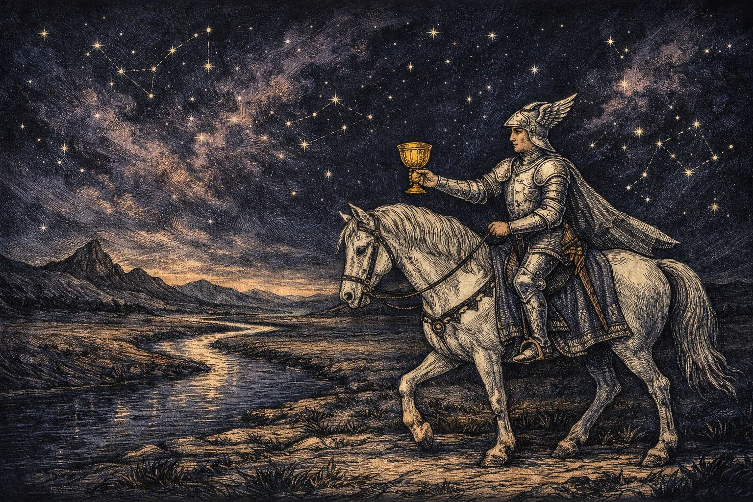 Knight of Cups tarot card meaning illustrated by a knight in a winged helmet riding a walking white horse across a plain with a cup held forward