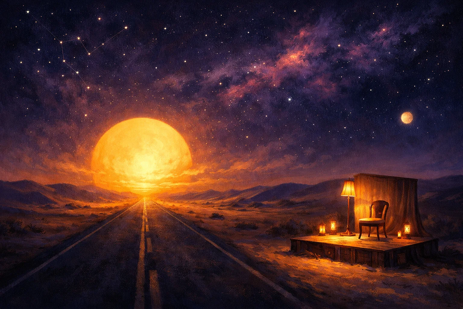 Leo and Sagittarius compatibility shown as a low gold sun set off-centre above a desert road running to a far horizon