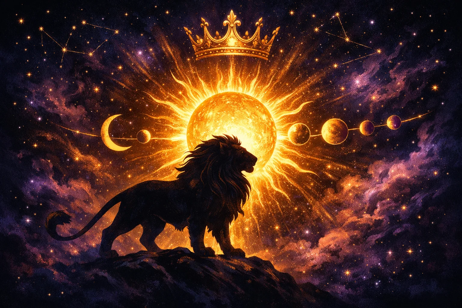 Leo daily horoscope illustration with majestic lion silhouette against blazing sun and planetary alignment symbols