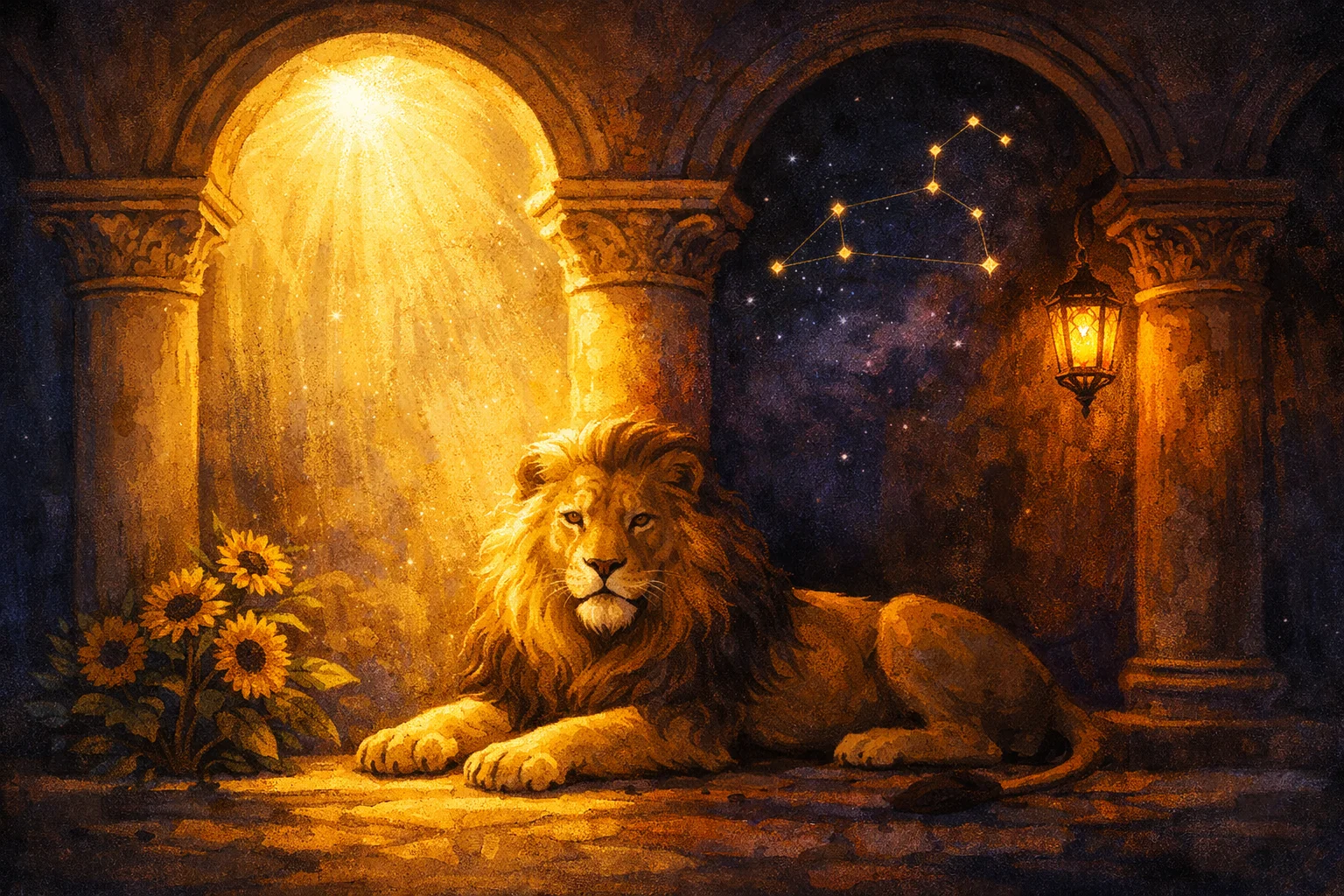 Leo love horoscope illustration of a colonnade at golden hour, one arch in noon light and the next in lamplight shadow