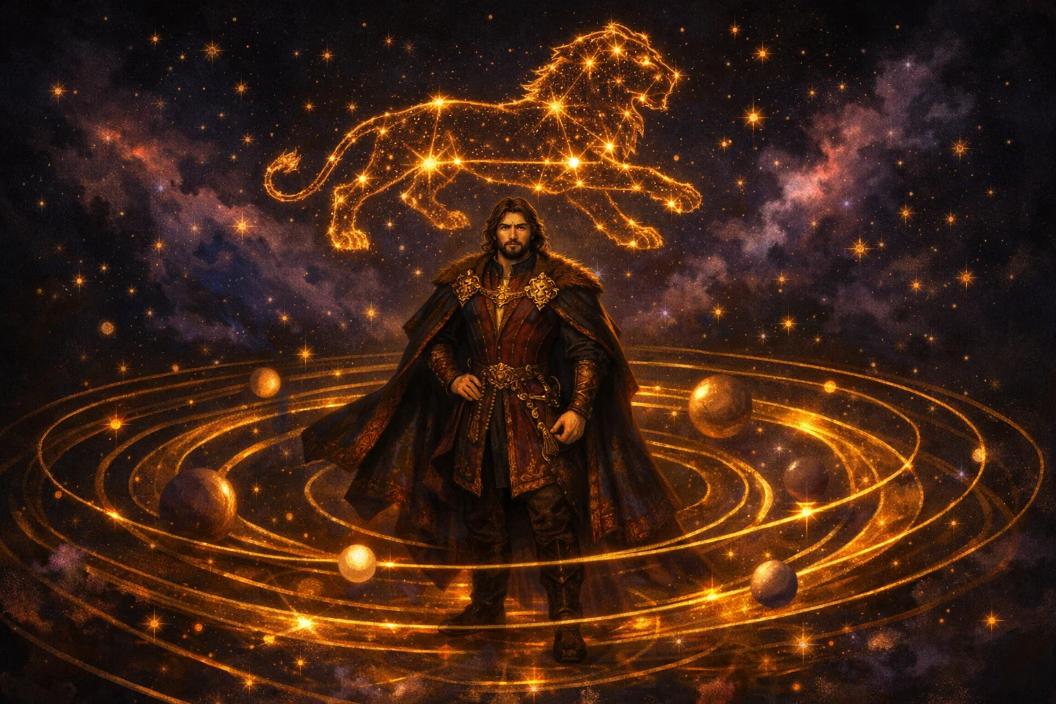 Leo man personality illustration: a confident man at the center of a glowing celestial orrery under the Leo constellation