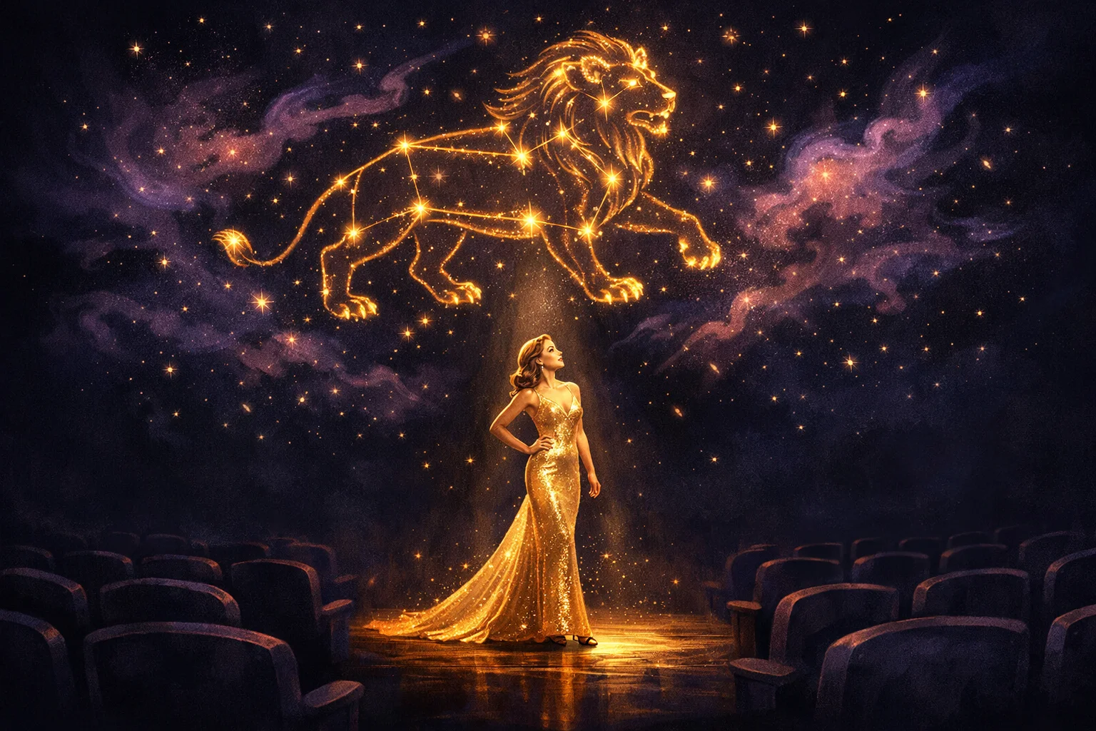 Leo woman personality illustration: a radiant woman in a golden gown in a spotlight beneath the Leo constellation