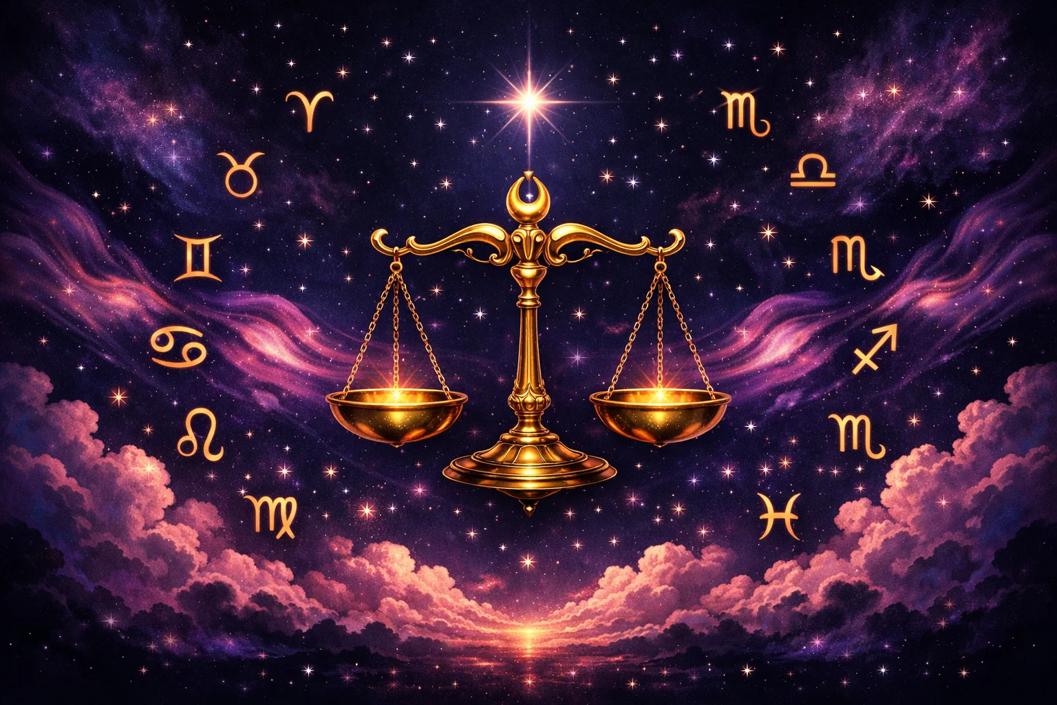 Libra daily horoscope illustration with balanced golden scales floating in a rose-tinted cosmic sky with Venus and zodiac symbols