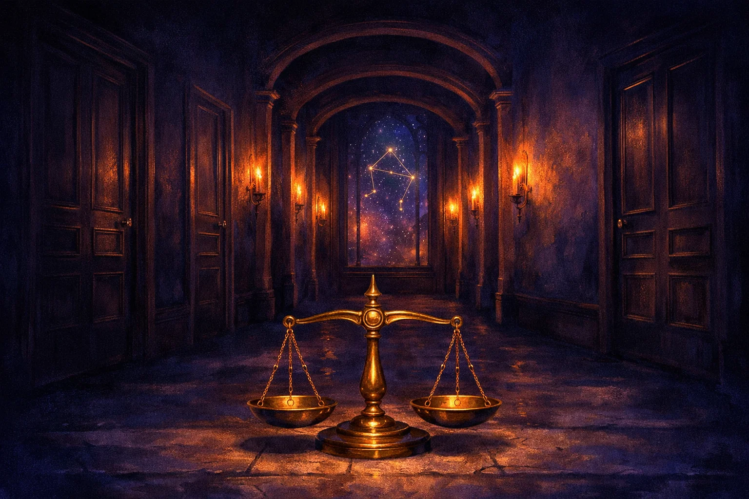 Libra love horoscope illustration of a candlelit hallway with eight open doorways and four shut doors set behind the viewer