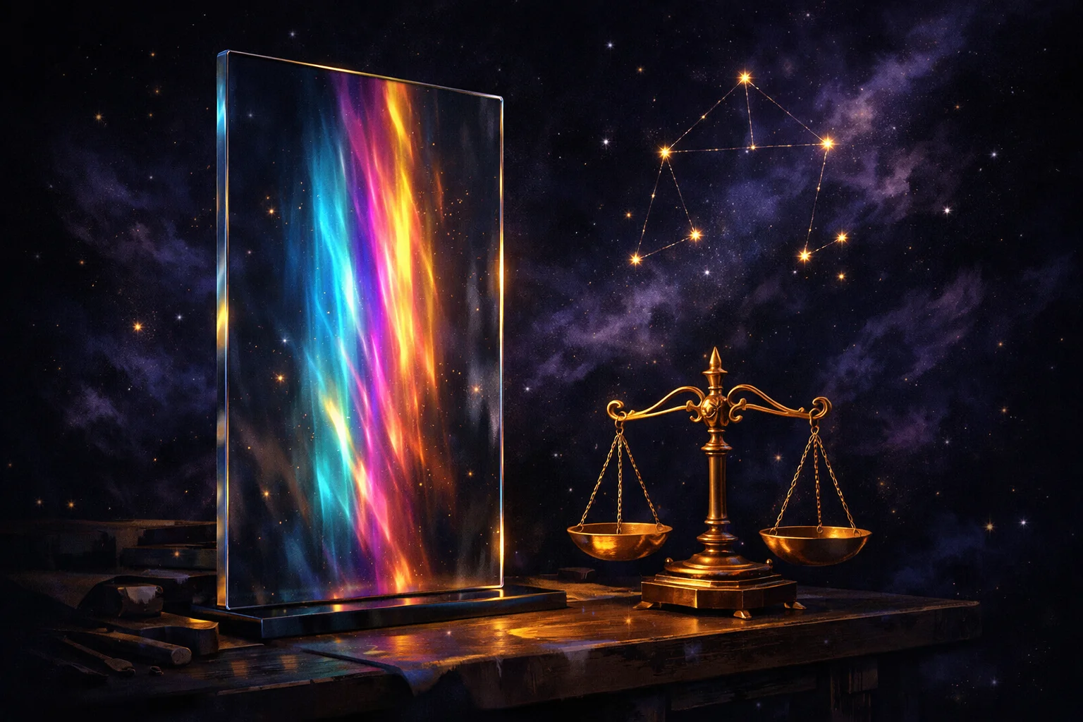 Libra man traits: a sheet of plate glass lit through a polarising filter, showing coloured stress fringes trapped inside it