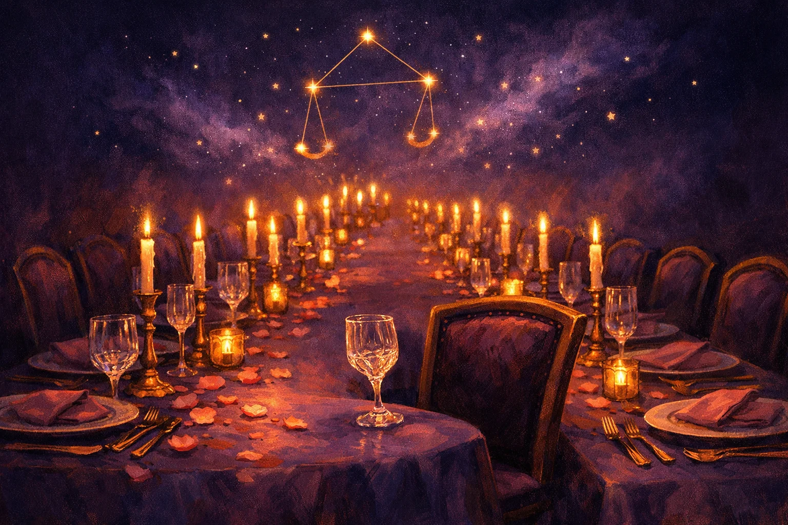 Libra woman traits: a candlelit table set identically for many guests, one chair turned inward and a glass out of line