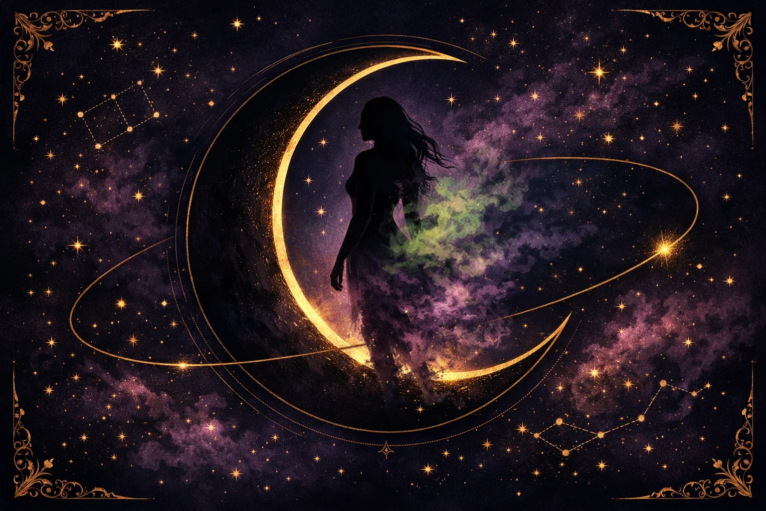 Black Moon Lilith calculator — a dark crescent moon with a shadowed feminine silhouette inside its hollow