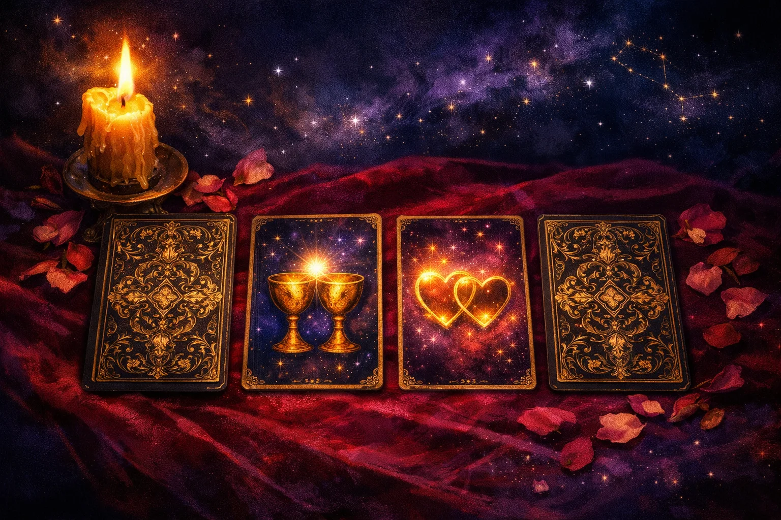 Love tarot reading spread of four cards on red velvet beside a candle, two turned face up and two still face down