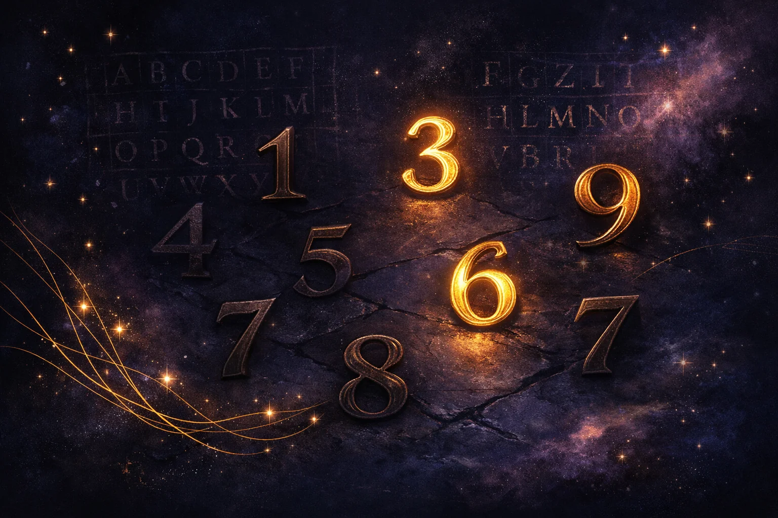 Lucky number calculator illustration with nine numerals, four lit gold and five in shadow, linked to a name and birth date