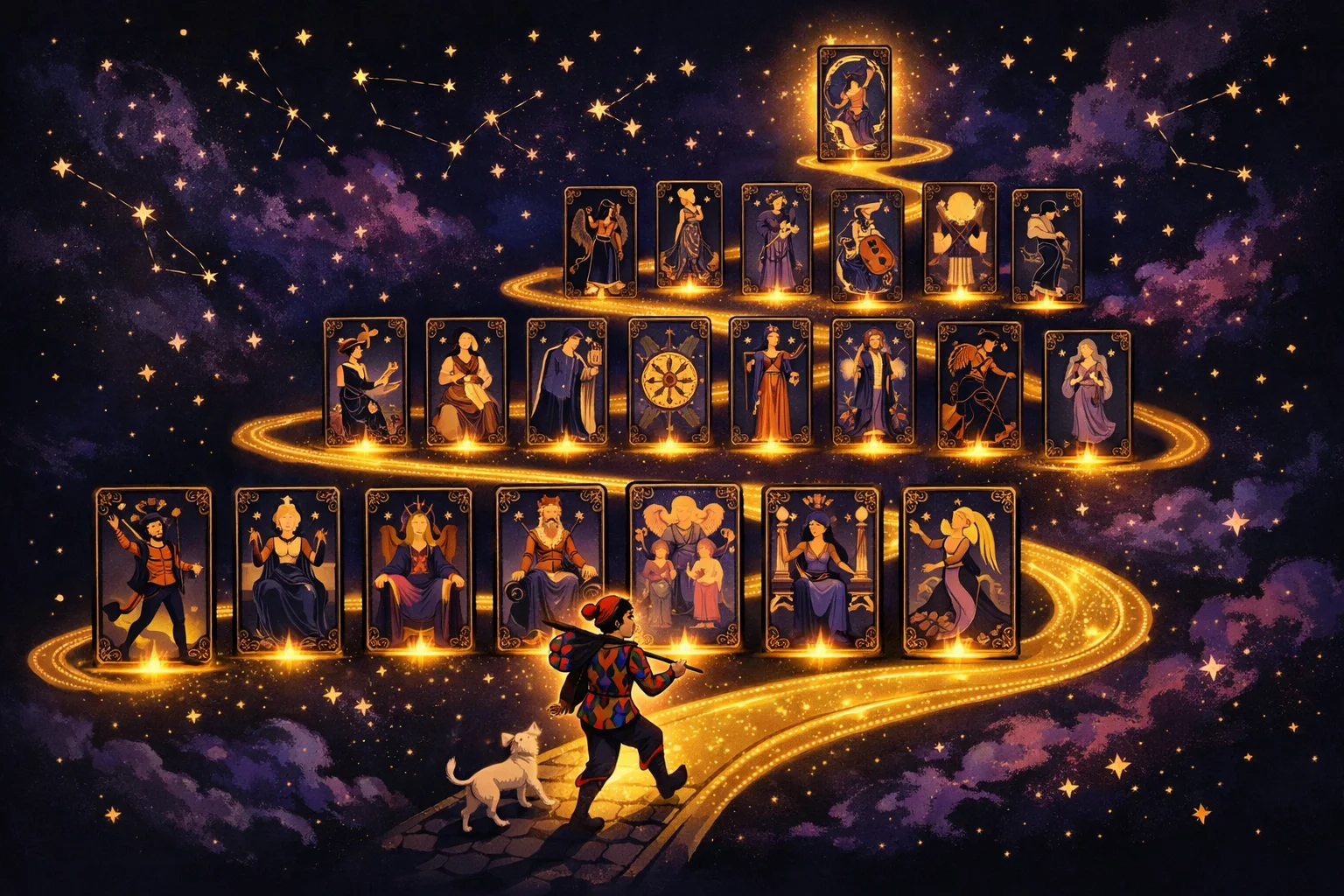 Major Arcana meanings as the Fool's Journey — 22 tarot trumps on a winding golden path in three lines of seven