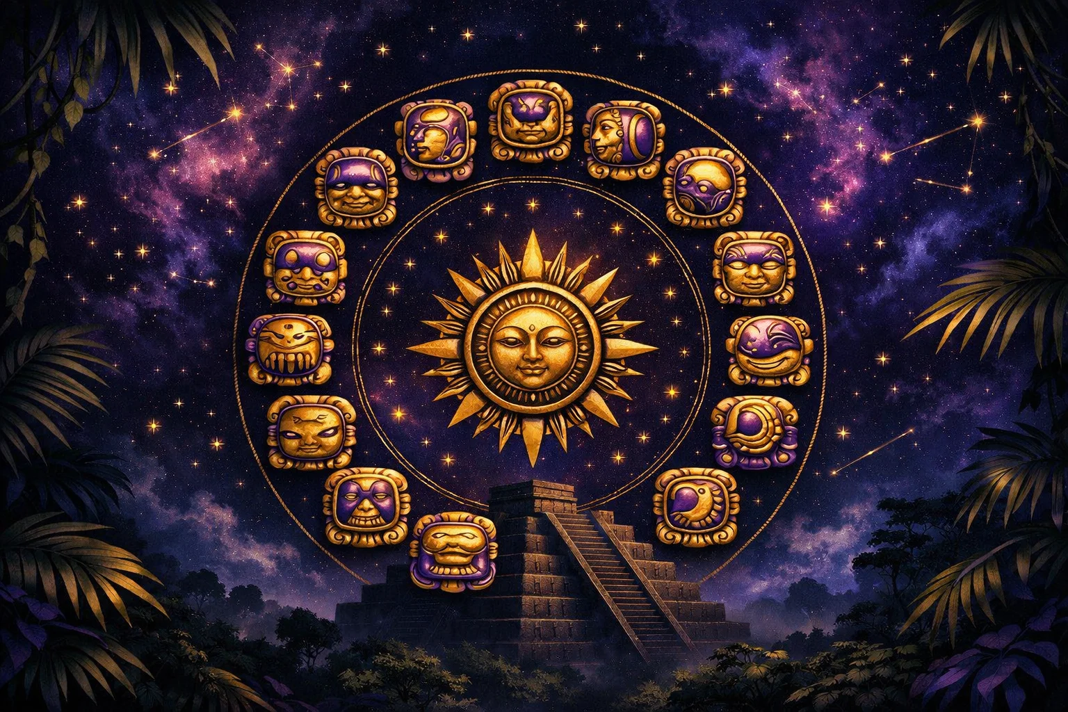 Mayan astrology Tzolkin calendar with 20 day sign glyphs arranged in a circular pattern around a Mesoamerican pyramid in emerald jungle tones