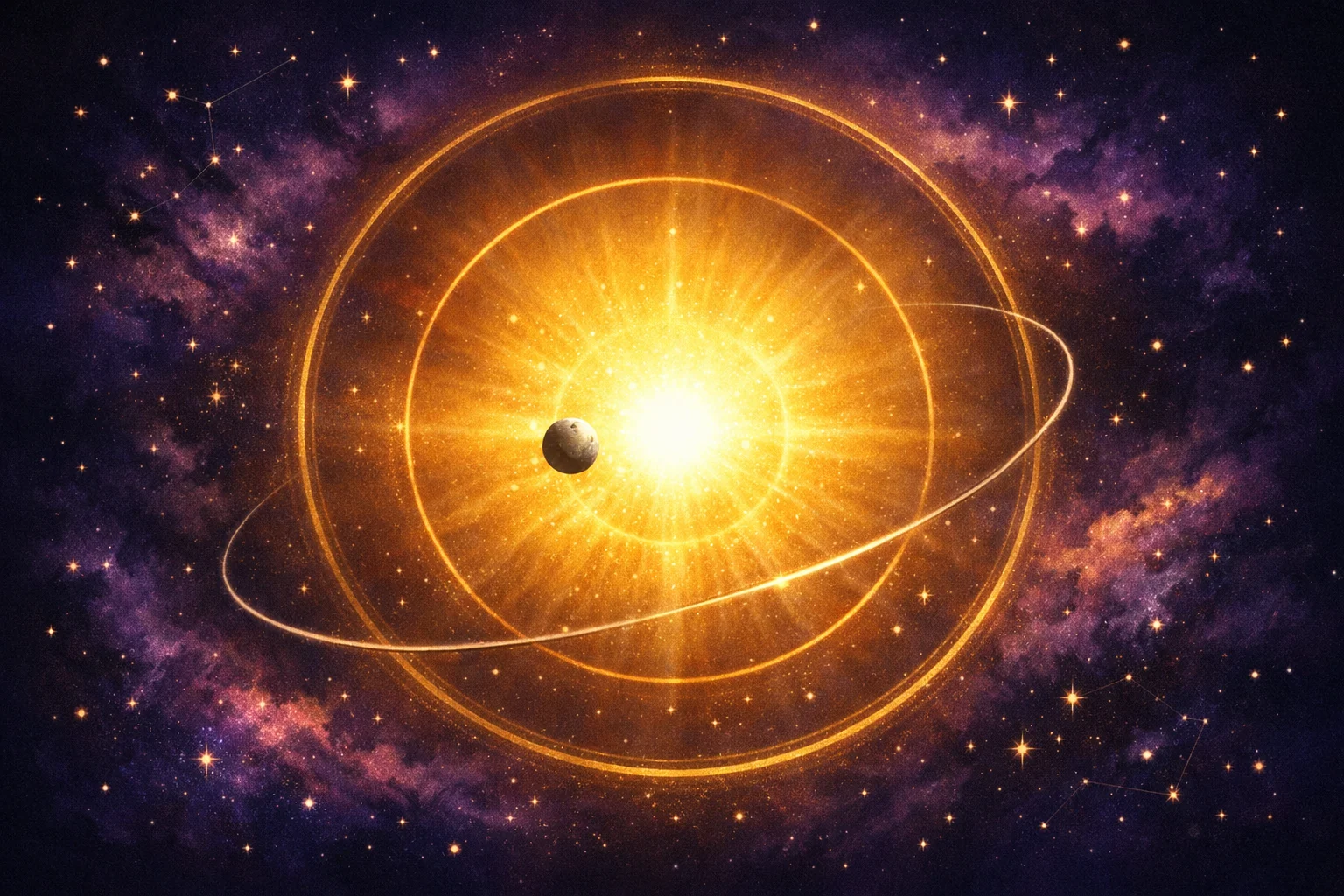 Mercury sign calculator diagram: Mercury inside the Sun's glare, ringed by the cazimi, combust and beams bands