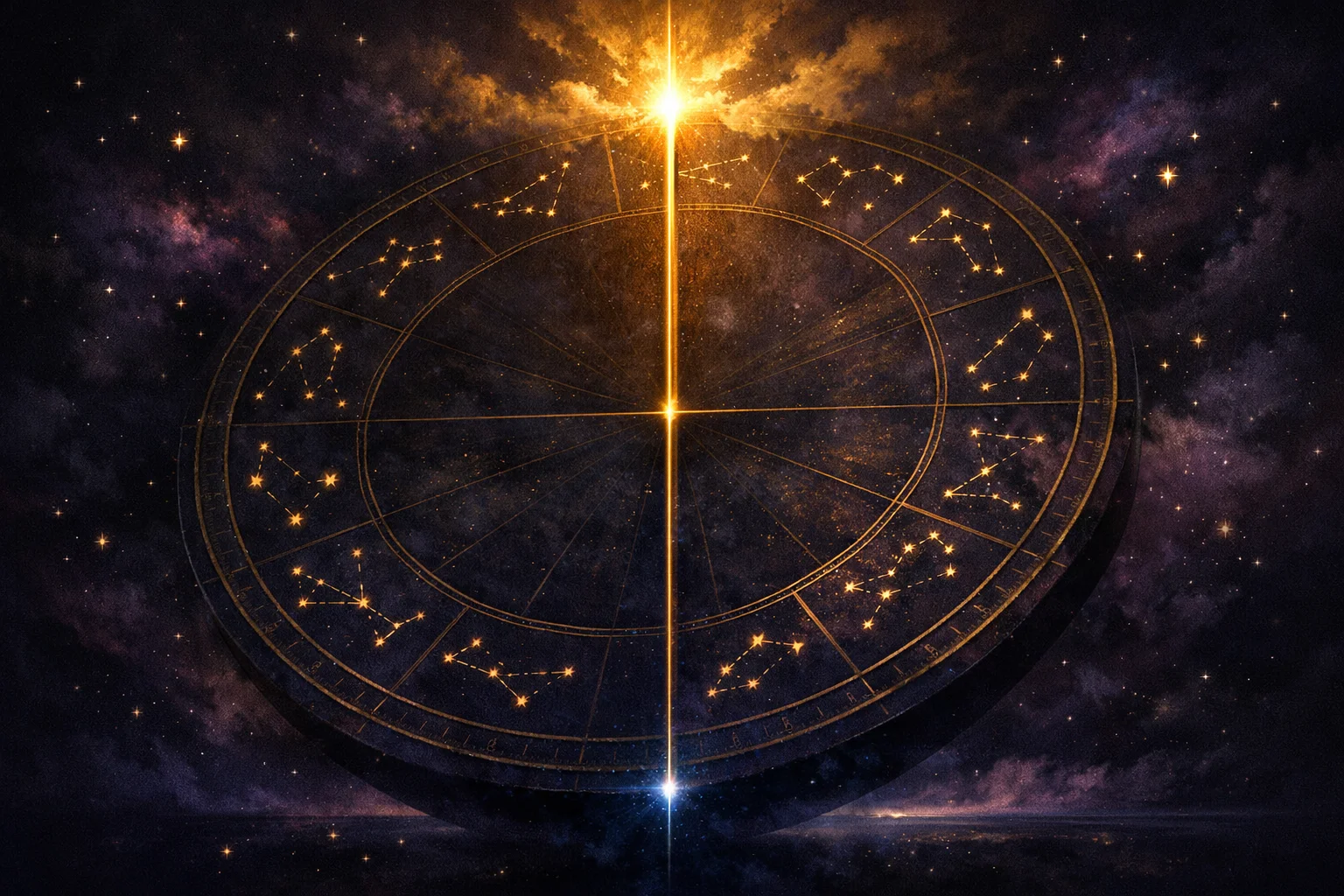 Midheaven calculator diagram: a tilted chart wheel with the MC-IC axis lit gold above and sunk in shadow below