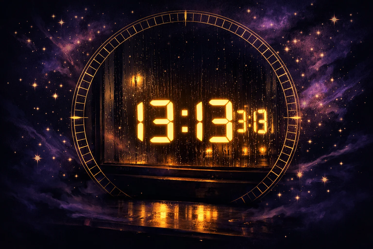 Mirror hour meaning: a digital clock reading 13:13 in a dark room, ringed by seventy-two angel windows