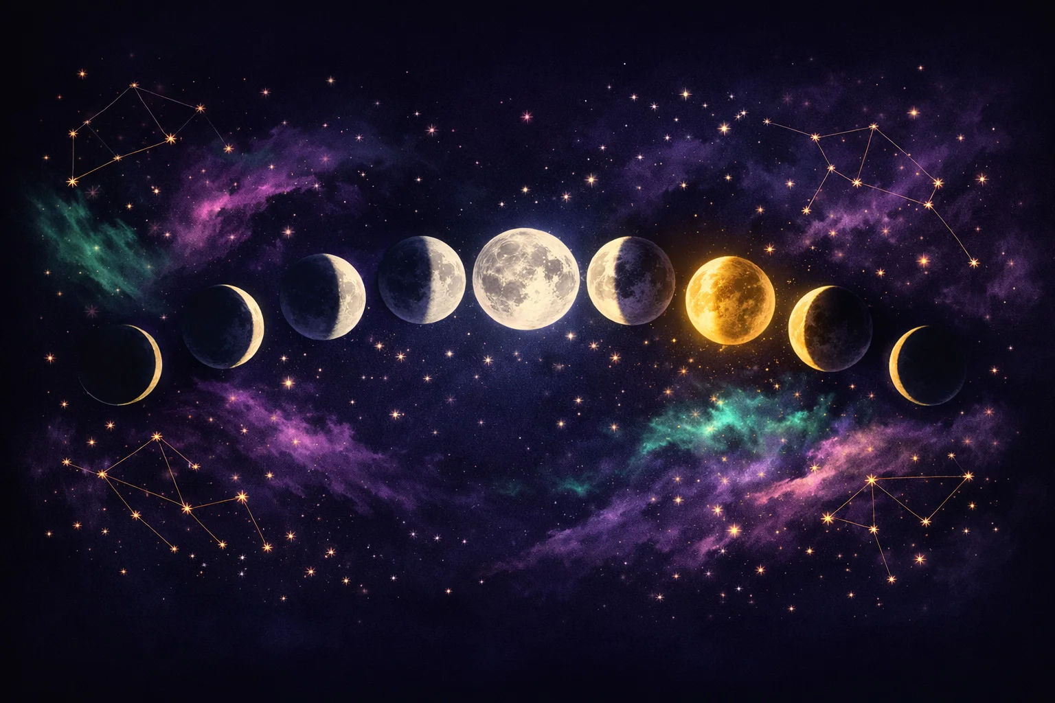 Complete lunar cycle showing all eight moon phases from new moon to full moon against an indigo night sky
