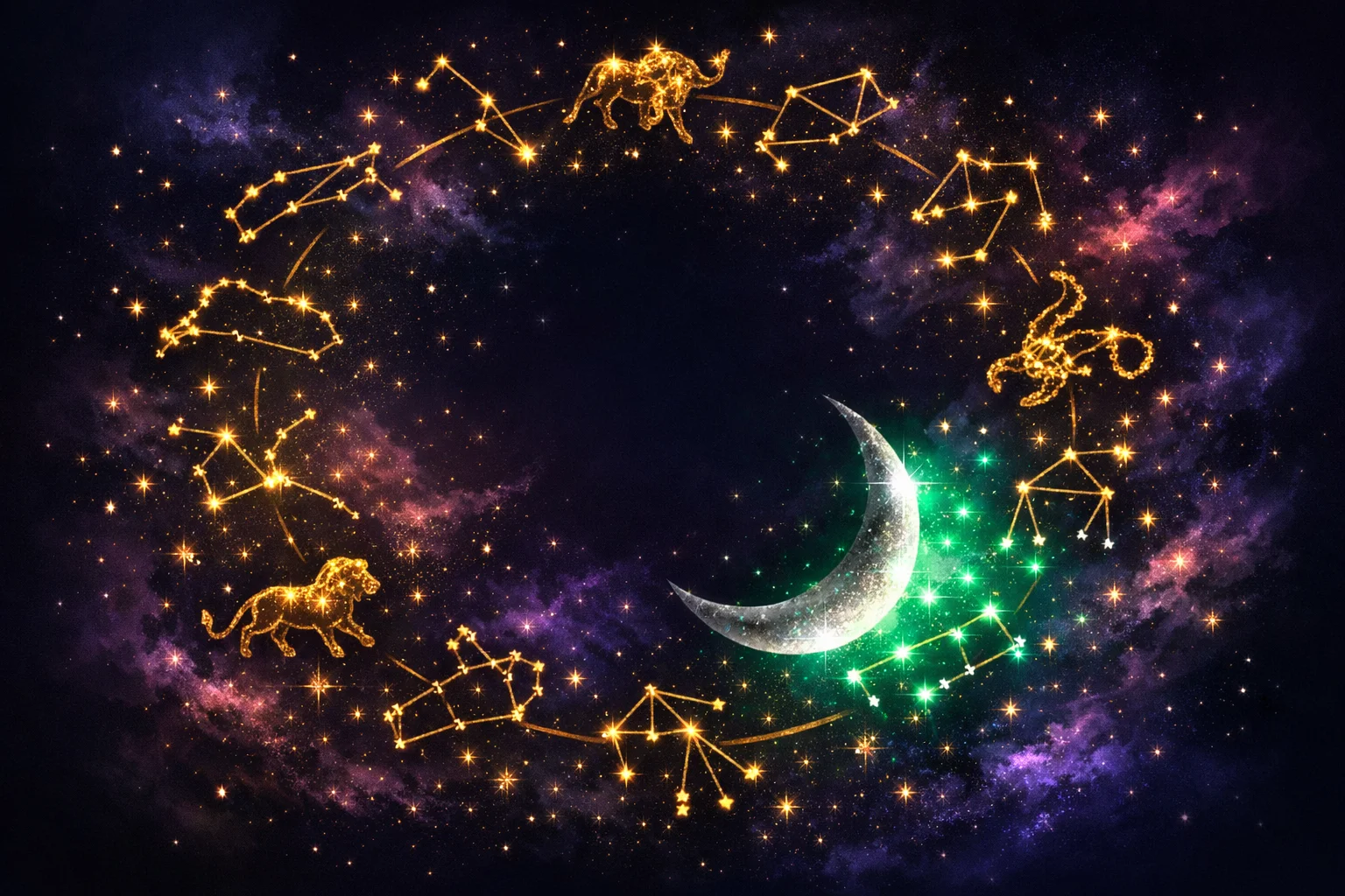 Moon sign calculator illustration showing a crescent moon passing through all 12 zodiac constellations highlighted in silver and emerald