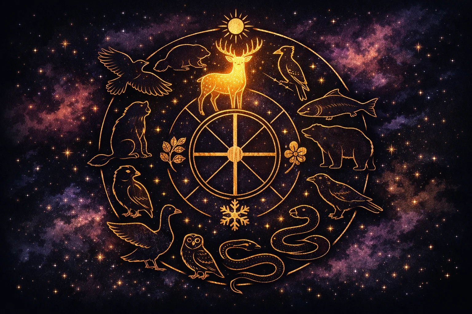 Native American zodiac wheel: twelve birth totem animals ringed around the four seasonal directions