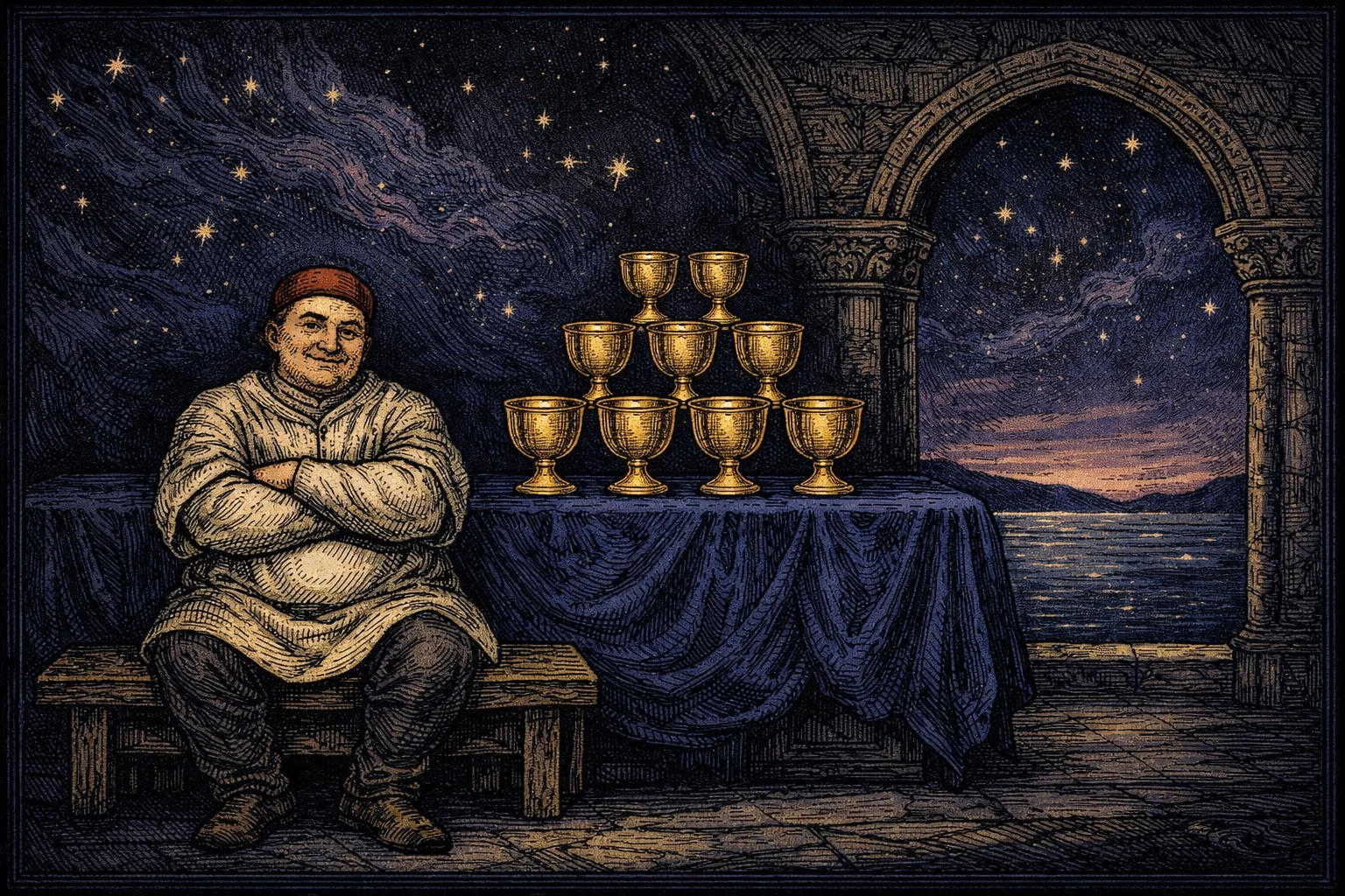 Nine of Cups tarot card meaning illustrated by a contented man seated with folded arms beside a blue-draped table holding nine golden cups stacked in a pyramid, under an arch open to the sea at dusk