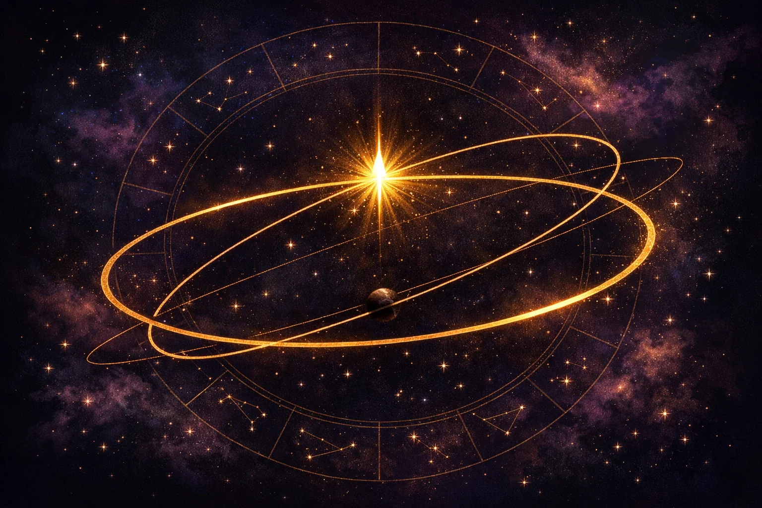 North node calculator diagram: the Moon's tilted orbit crossing the ecliptic at two opposite nodes inside a zodiac ring