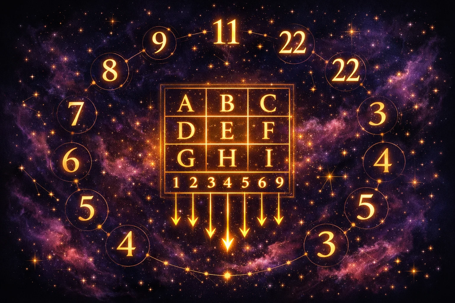 Numerology calculator illustration showing the Pythagorean letter chart and the digits 1 through 9 plus master numbers 11, 22, 33 in a sacred geometry layout