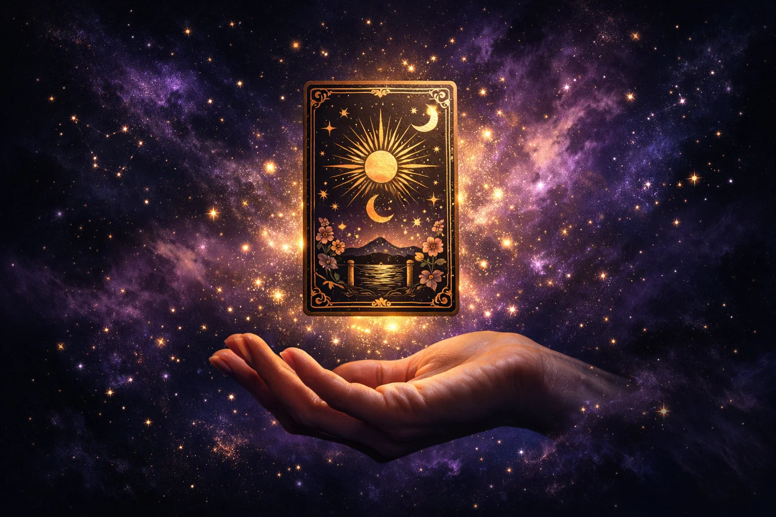 Single luminous tarot card hovering above an open palm during a one card tarot reading with violet and gold light