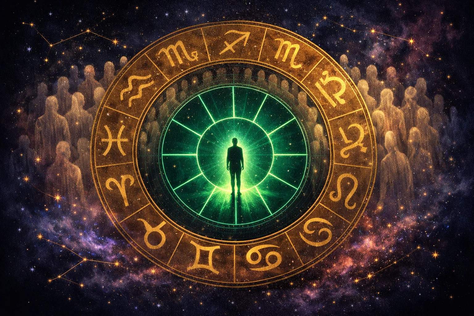 Past life birth chart showing the shared outer ring of zodiac signs and the personal inner ring of houses