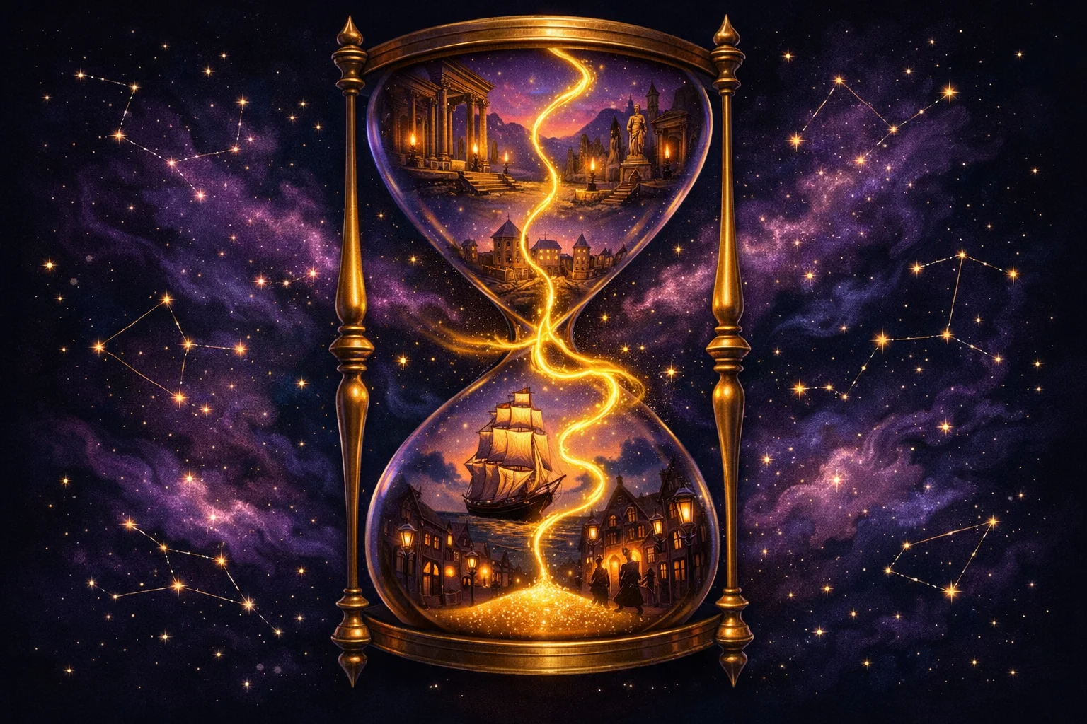 Past life quiz hourglass showing four historical eras joined by a glowing golden soul thread