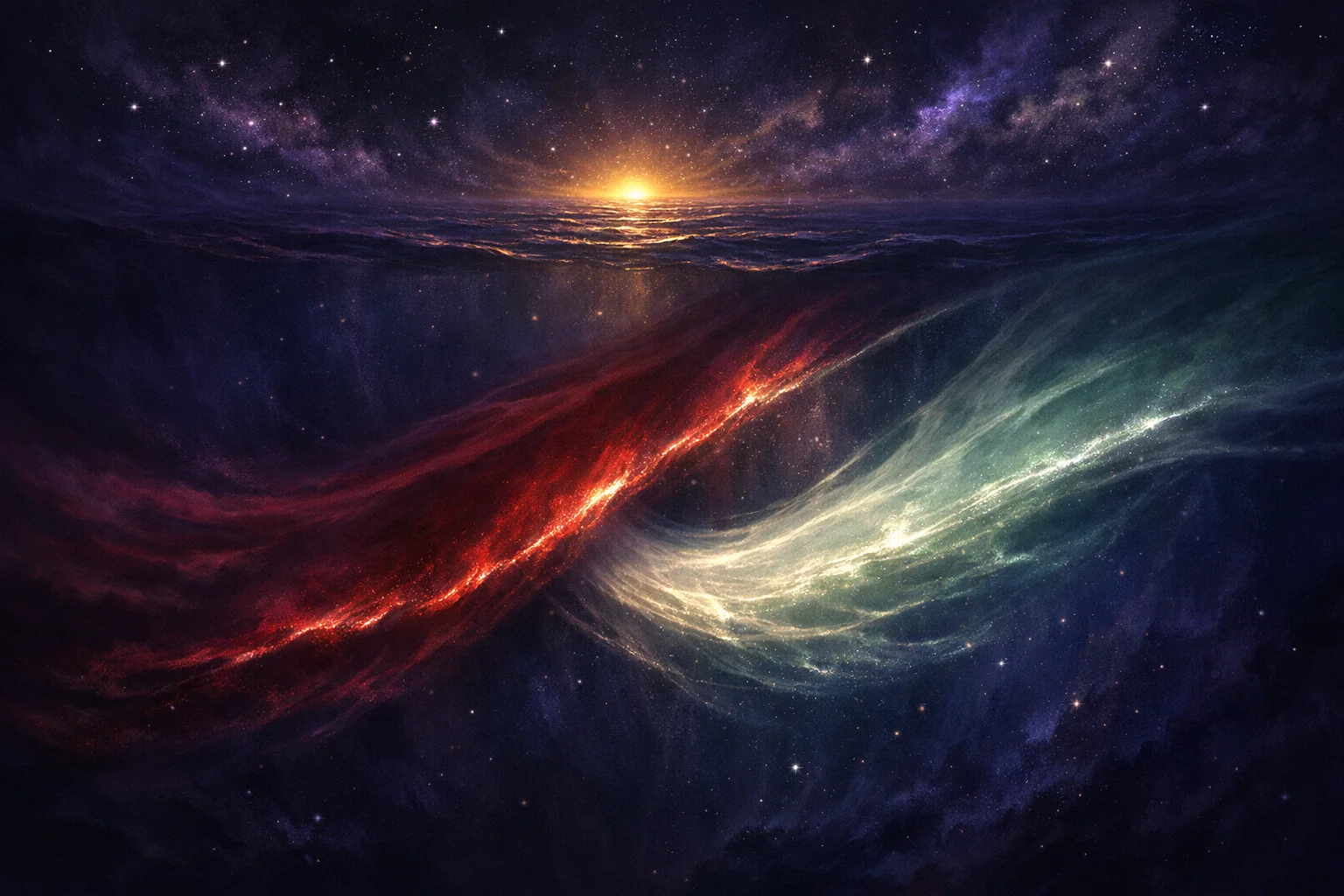Pisces and Scorpio compatibility as two ocean currents crossing without touching under a gold horizon light