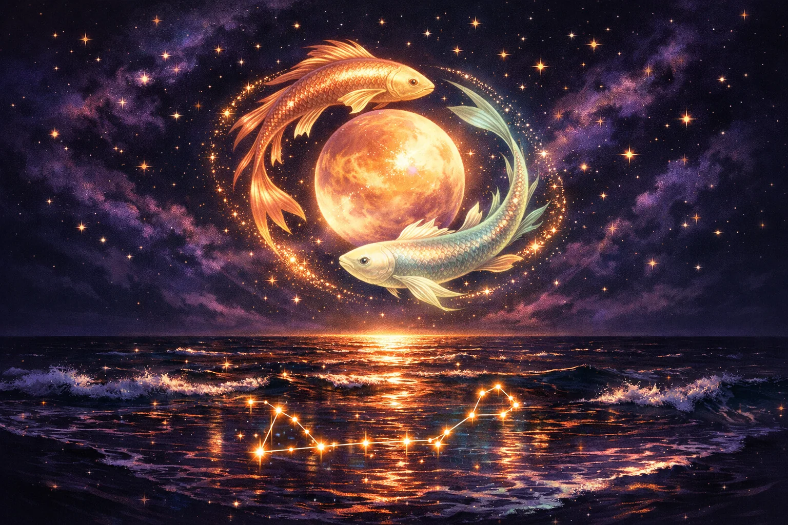 Pisces love horoscope illustration of two glowing fish circling Venus above a moonlit sea at high tide