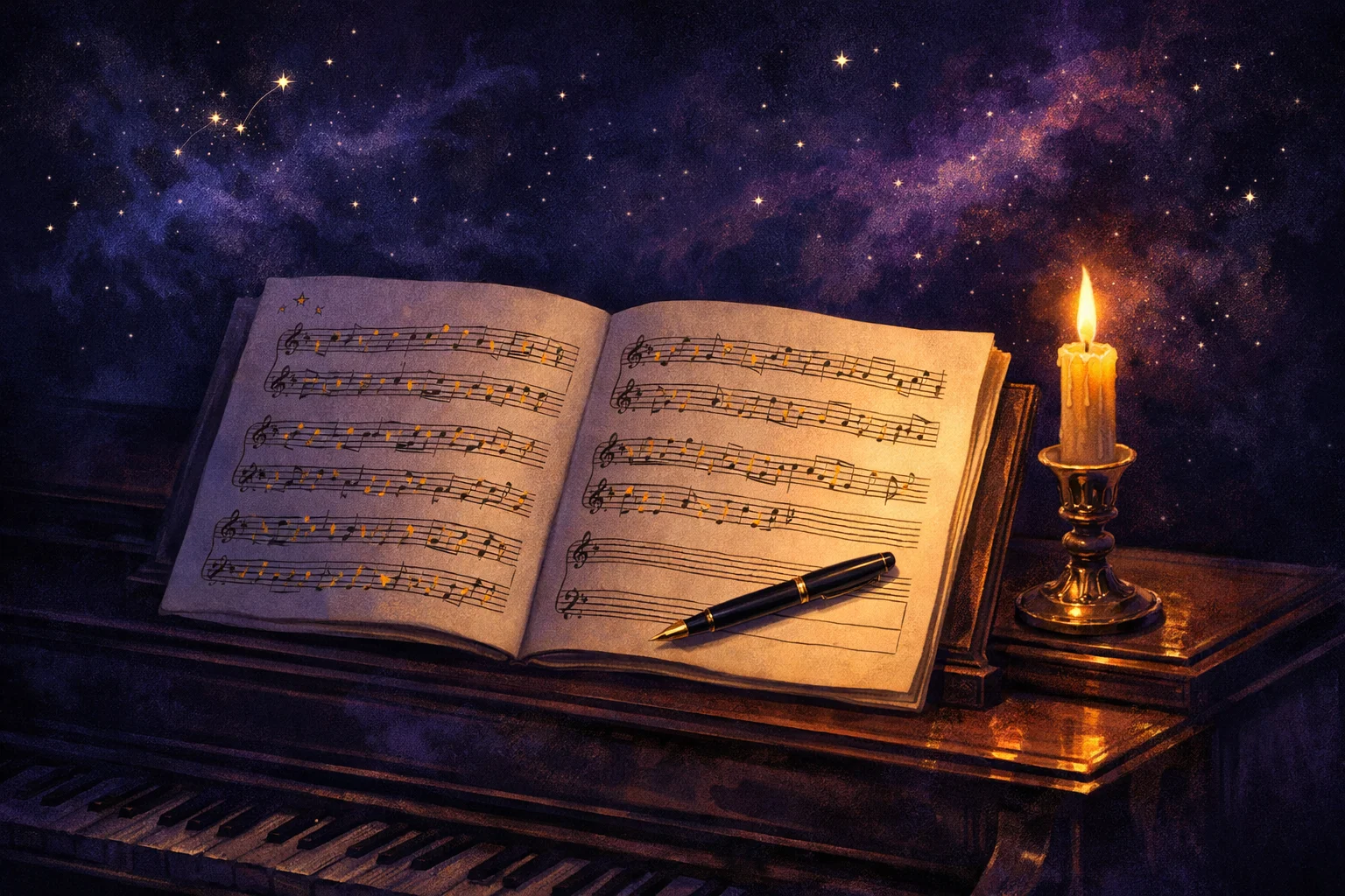 Pisces man symbolism: an unfinished music manuscript on a piano lid, the final bar left empty with a pen across it