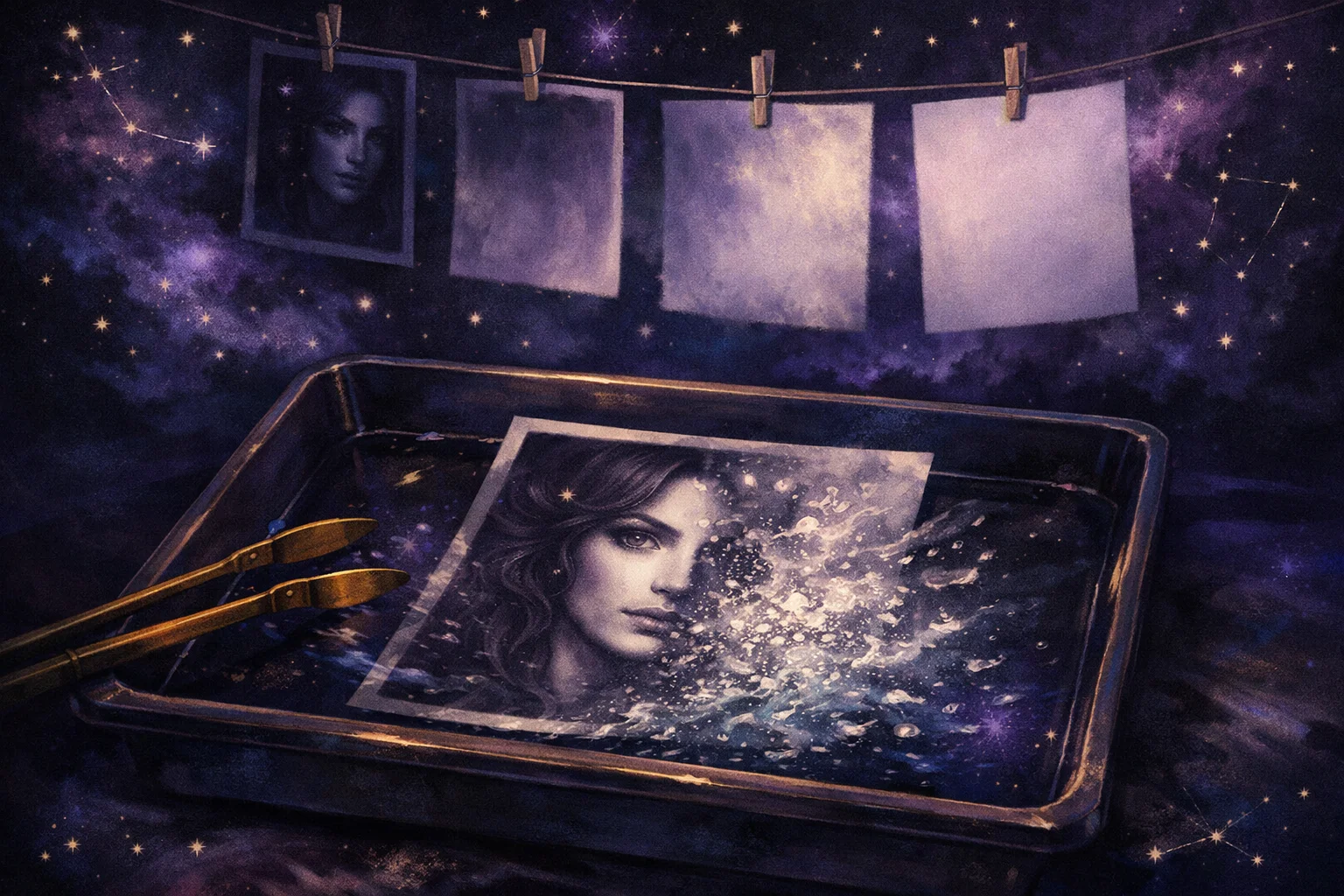 Pisces woman reading: a half-developed portrait surfacing in a darkroom tray, one side sharp and one side dissolving