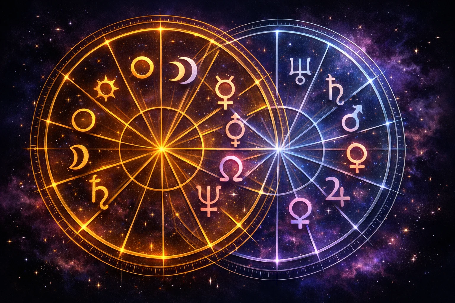 Two overlapping astrological house wheels with offset spokes, showing how planet in house placements shift by system