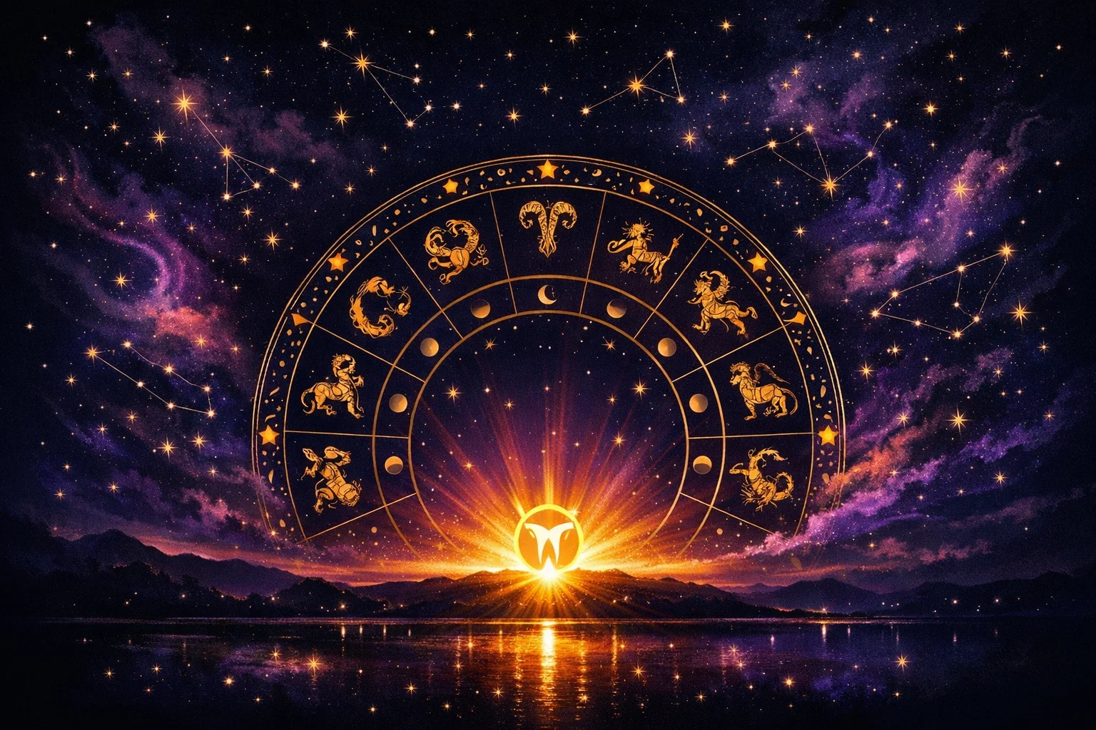Rising sign calculator illustration showing a zodiac wheel aligned to a sunrise on the eastern horizon with the ascendant point glowing in gold