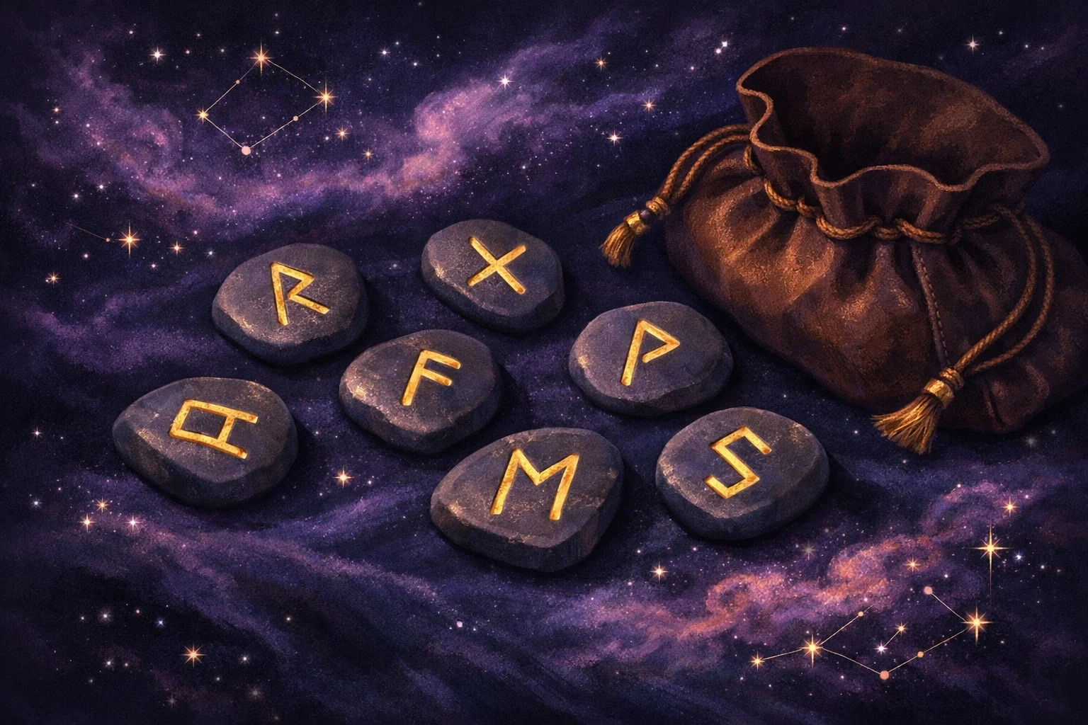Rune reading cast of seven Elder Futhark stones scattered face up on dark cloth beside an open leather bag