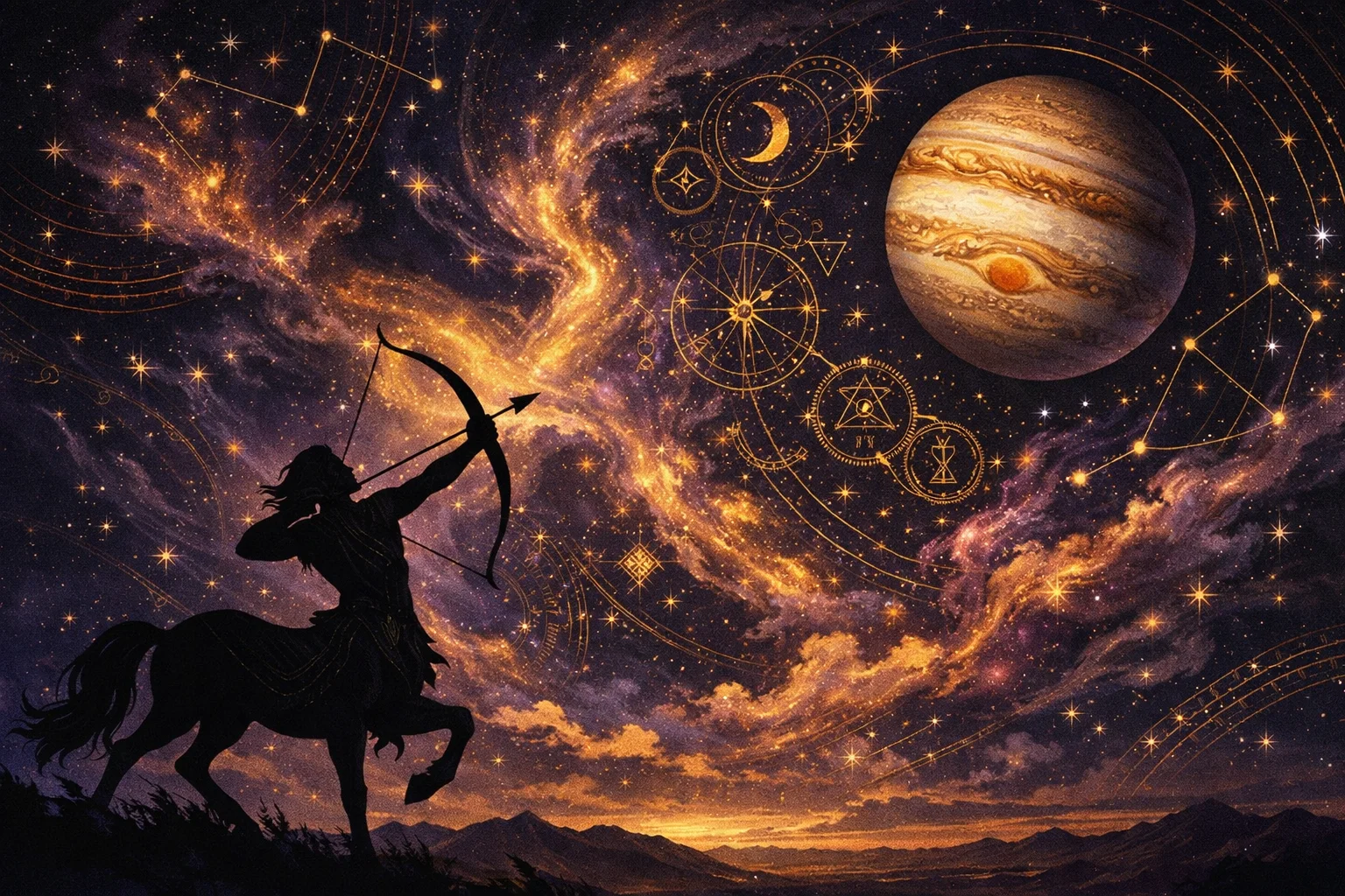 Sagittarius daily horoscope illustration showing centaur archer aiming at Jupiter against a cosmic purple and gold nebula