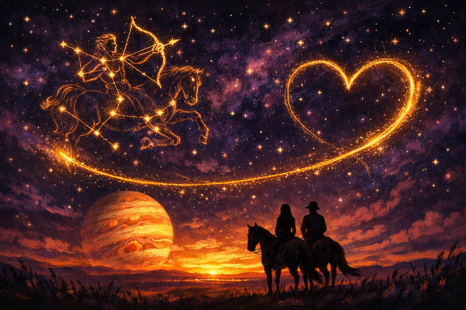 Sagittarius love horoscope illustration of two riders crossing open plains at sunset with Jupiter glowing on the horizon