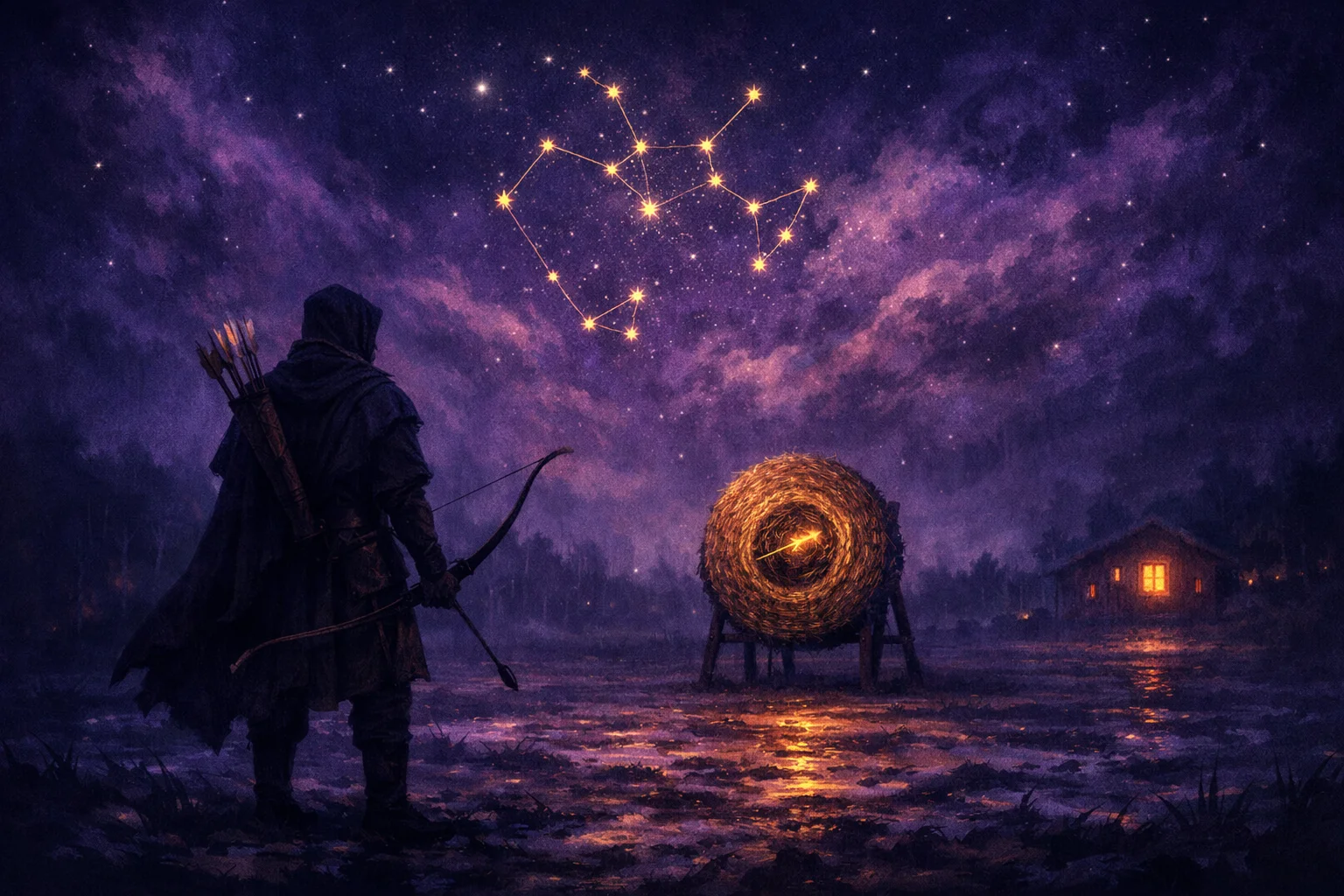 Sagittarius man traits: a lone archer at a rain-soaked target range at dusk with one arrow in the gold