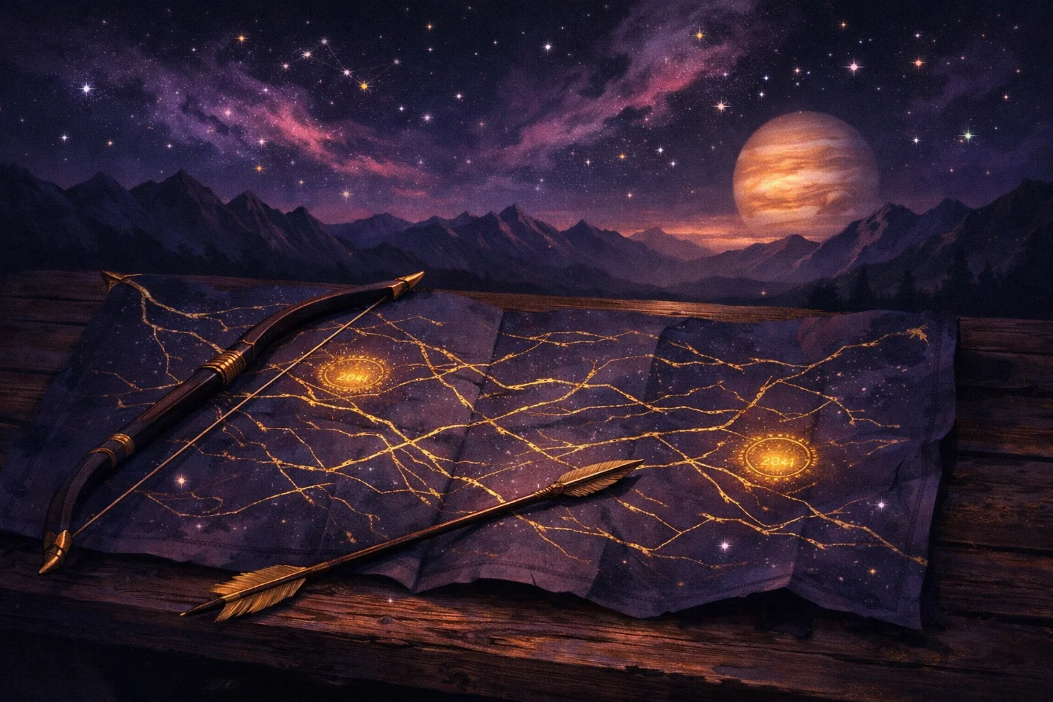 Sagittarius woman traits: a travel map of gold-ink routes, only two stamped with a date, a bow and arrow across it