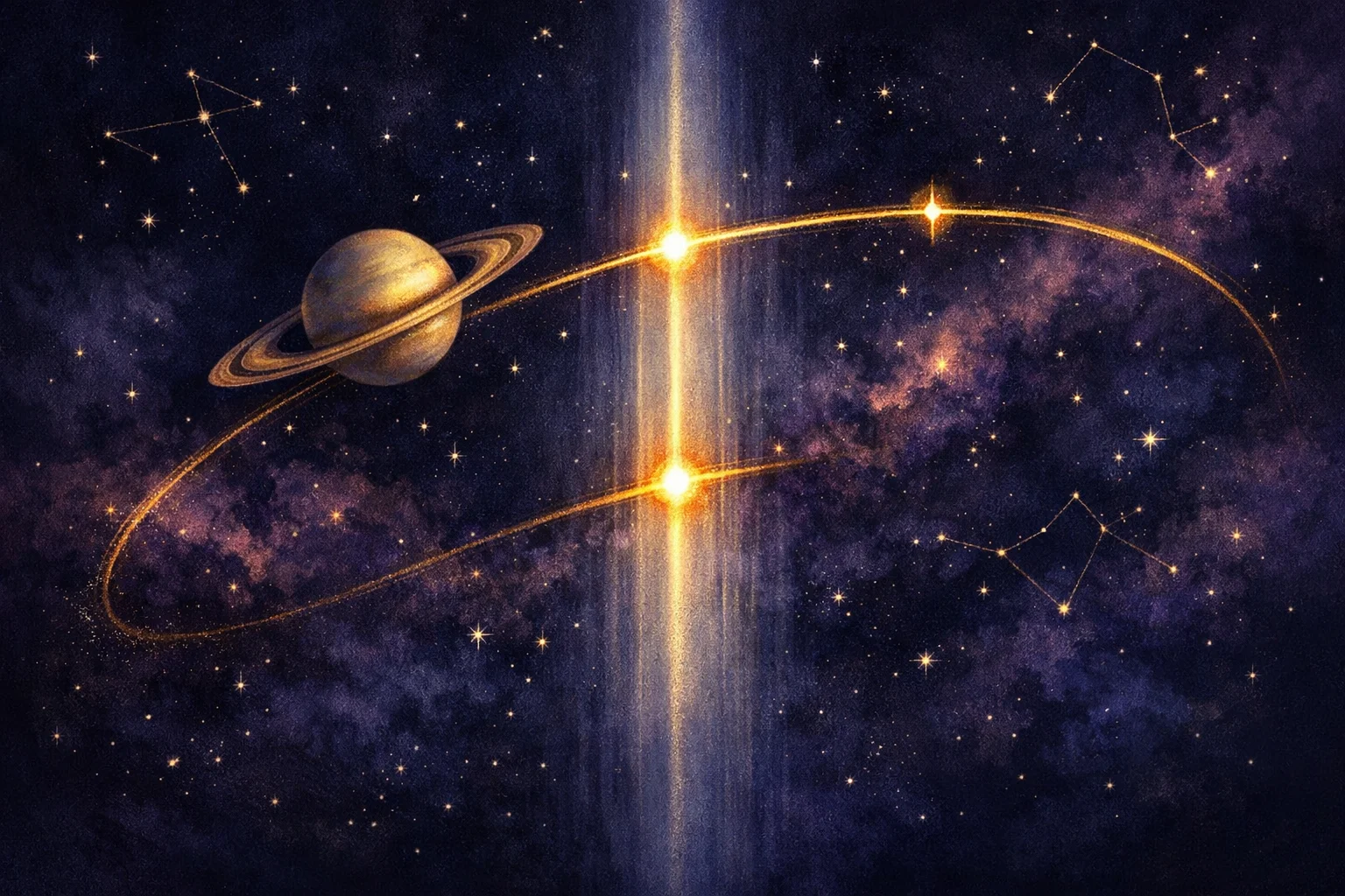 Saturn crossing a single fixed line of light three times on its slow arc, the three Saturn return crossings marked in gold